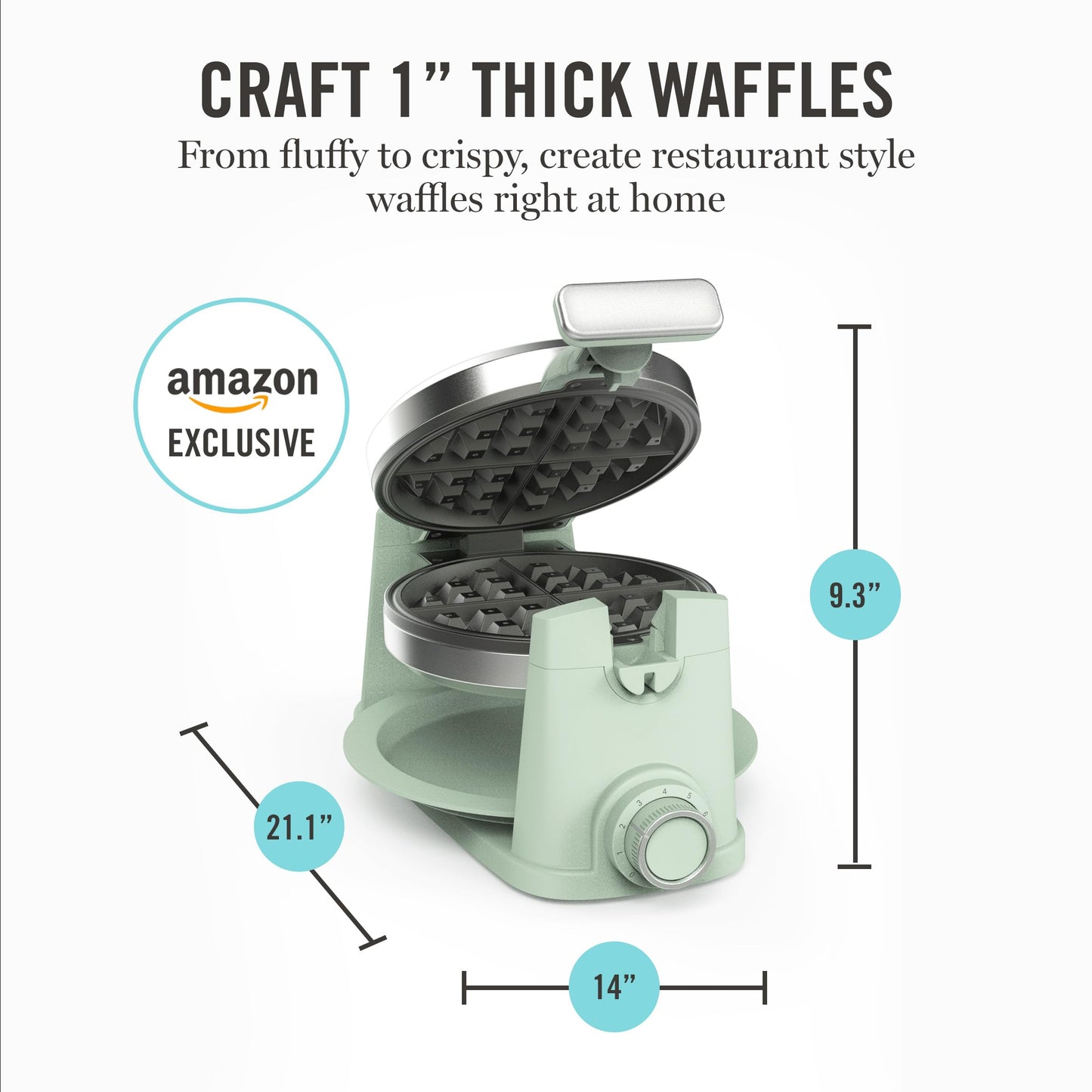 Martha Stewart Rotating Waffle Maker, 180° Flip Iron with PFAS-Free Nonstick Plates, Adjustable Timer, Ready Light, Drip Tray, Space Saving, Classic Round 7”, Easy to Clean, Stainless Steel, Sky Blue