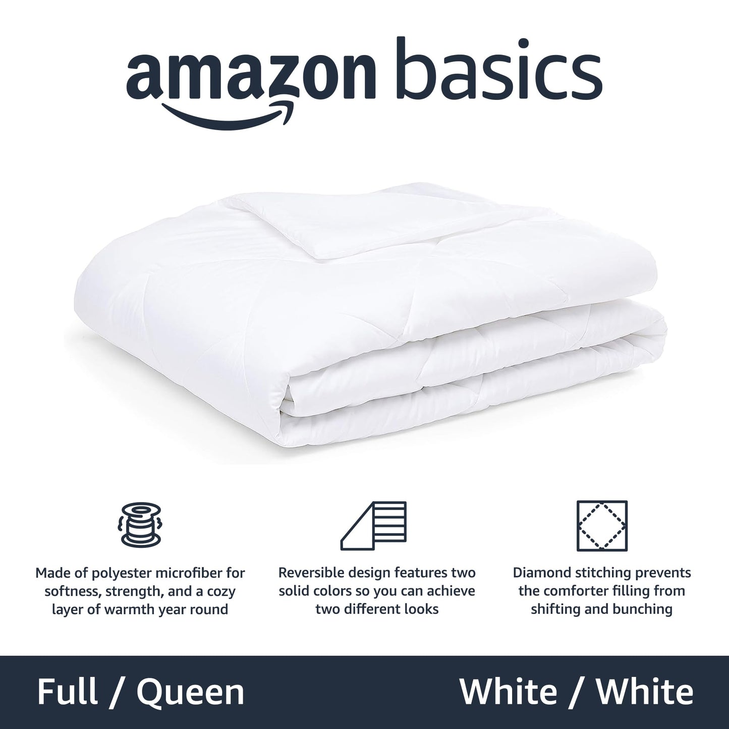 Amazon Basics Reversible Lightweight Microfiber All Season Comforter Blanket, Full/Queen, White