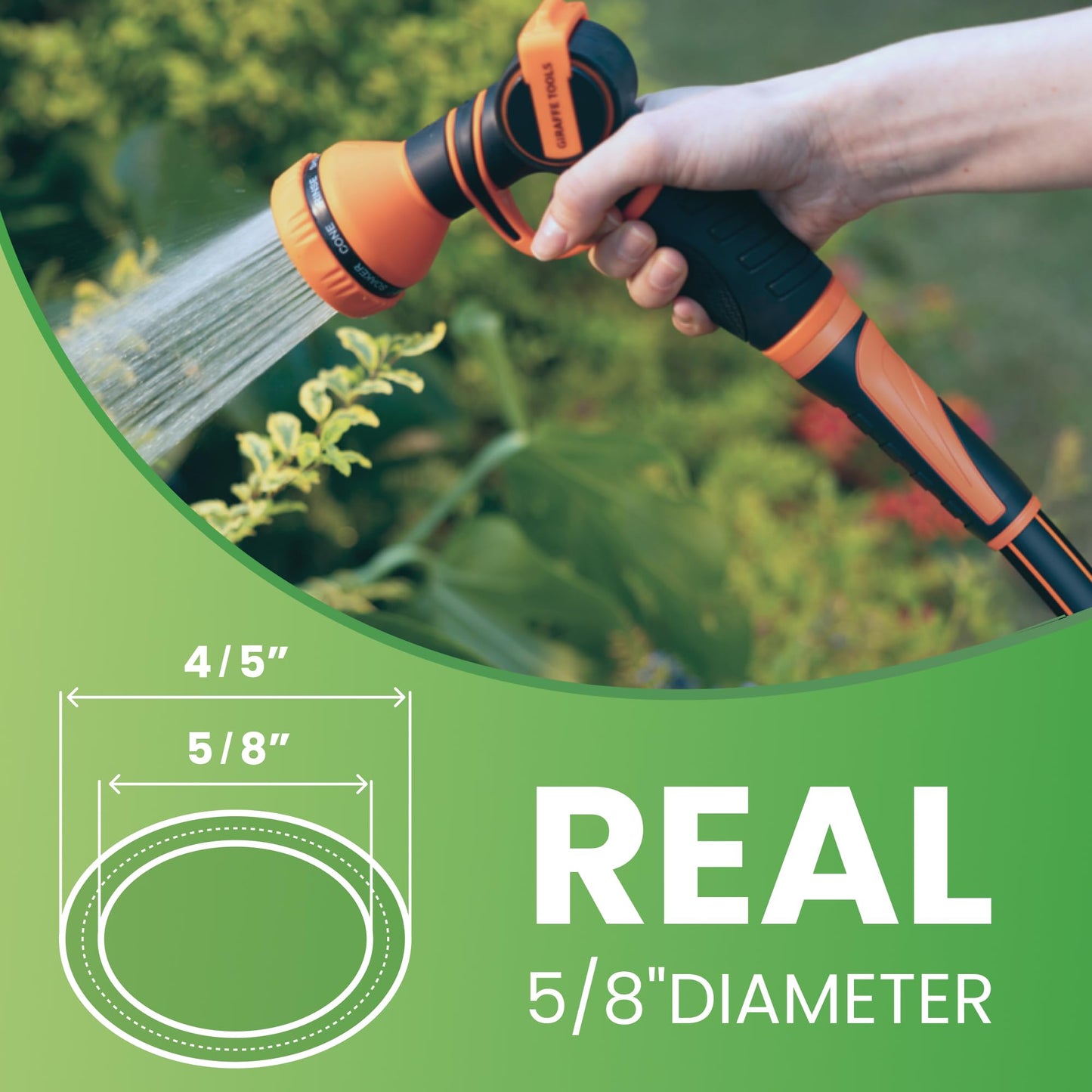 Giraffe Tools Garden Hose 50ft x 5/8", Water Hose Heavy Duty, Flexible, Lightweight Hybrid Hose with Swivel Handle, Male to Female Fittings, Burst 600 PSI