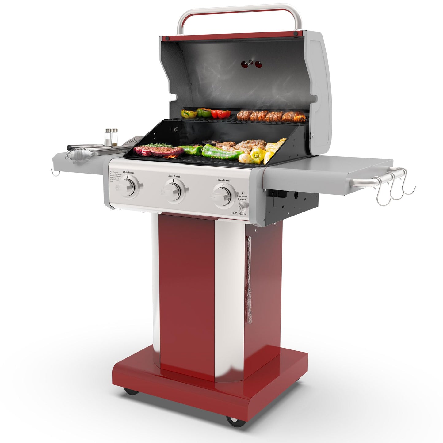 Kenmore 3-Burner Propane BBQ Grill, 30,000 BTUs Gas Grill with Cast Iron Cooking Grates, Folding Side Tables & Wheels, Outdoor Grill with Tool Hooks, Azure Blue