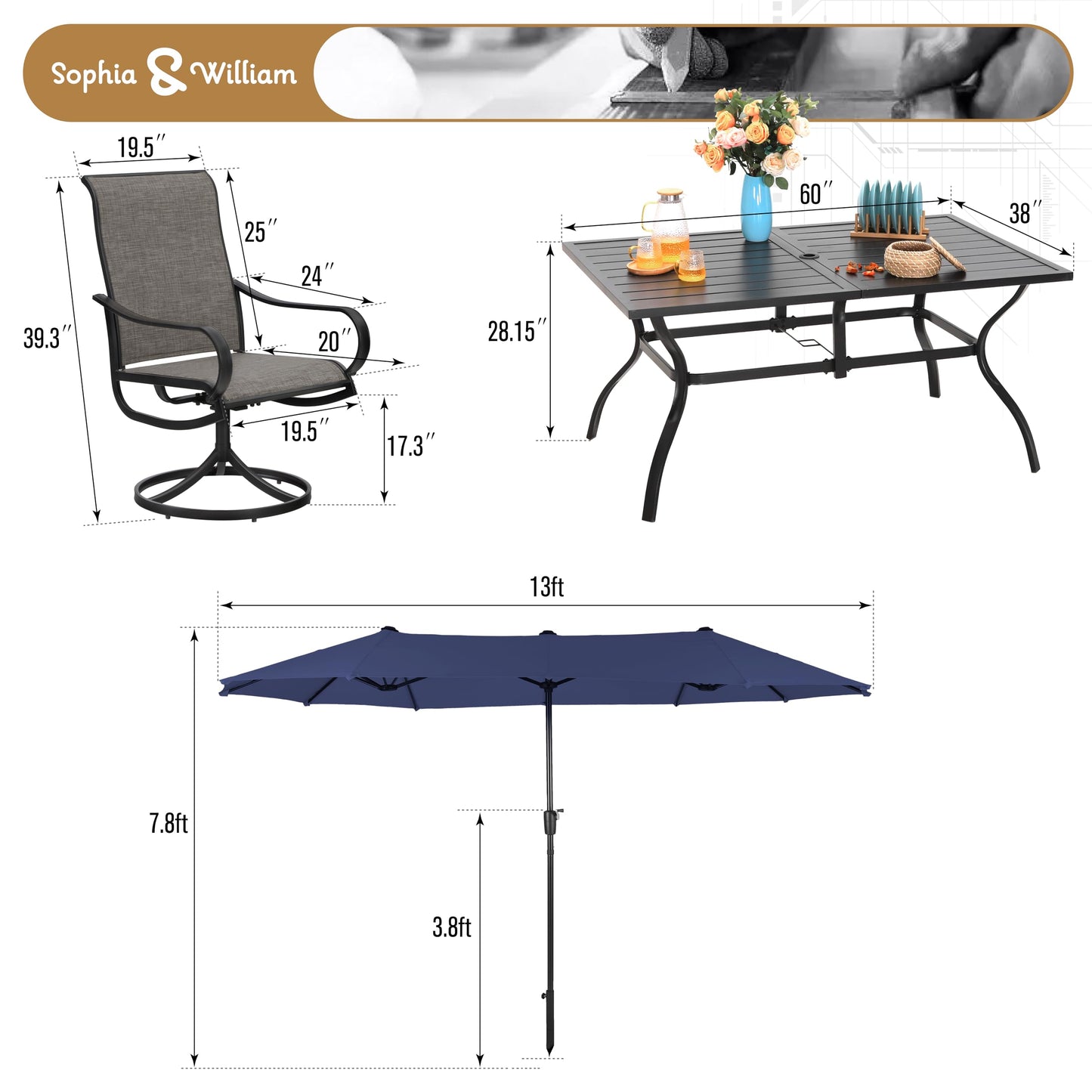 Sophia & William Patio Set with Umbrella 8 Pieces Outdoor Dining Set for 6 with 13ft Double-Sided Patio Umbrella Beige, 6 x Swivel Patio Chairs, 1 Metal Table for Lawn Garden