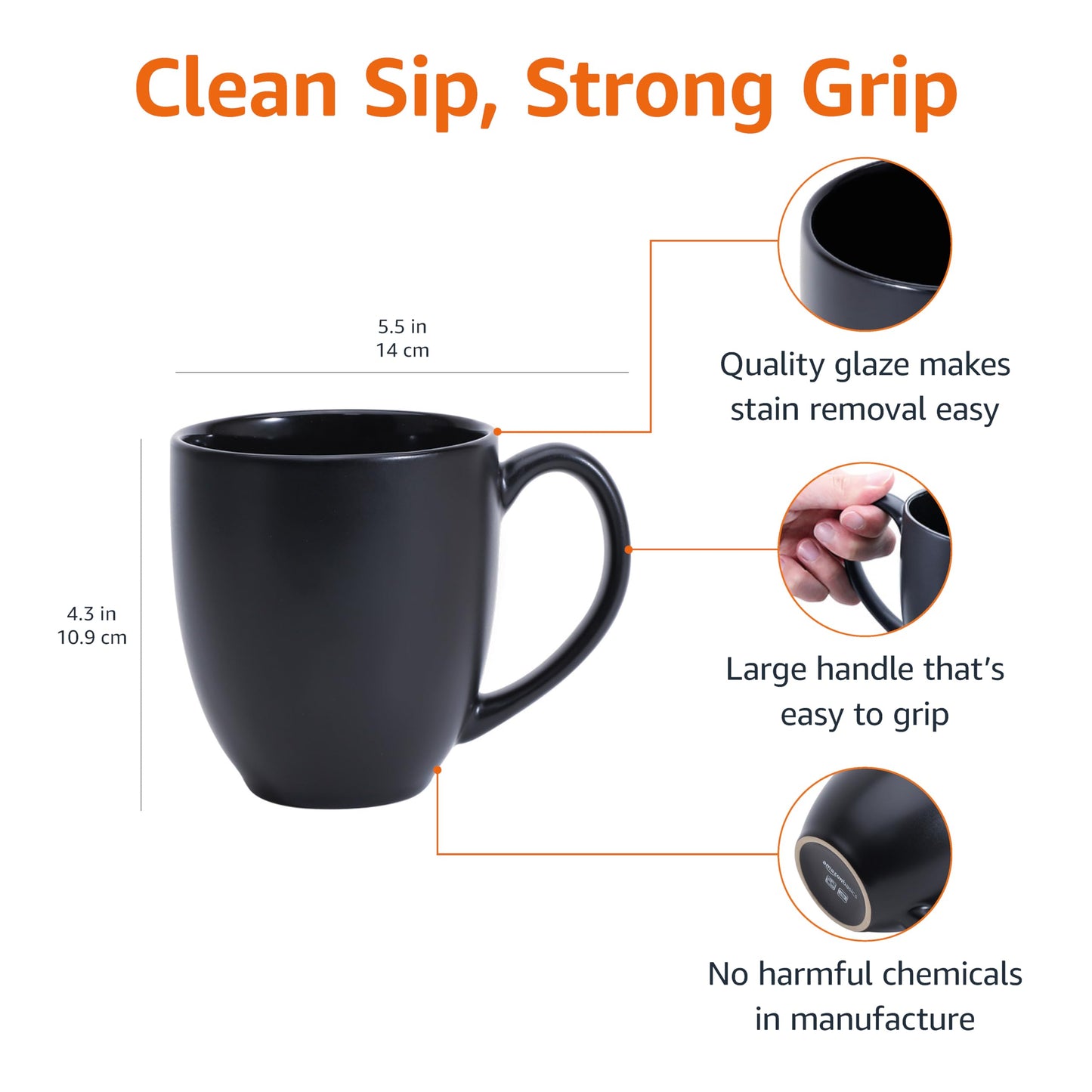 Amazon Basics 12-pack Matte Black Ceramic Coffee Mug, 16 ounces, Microwave-Safe, Stoneware, Commercial-grade