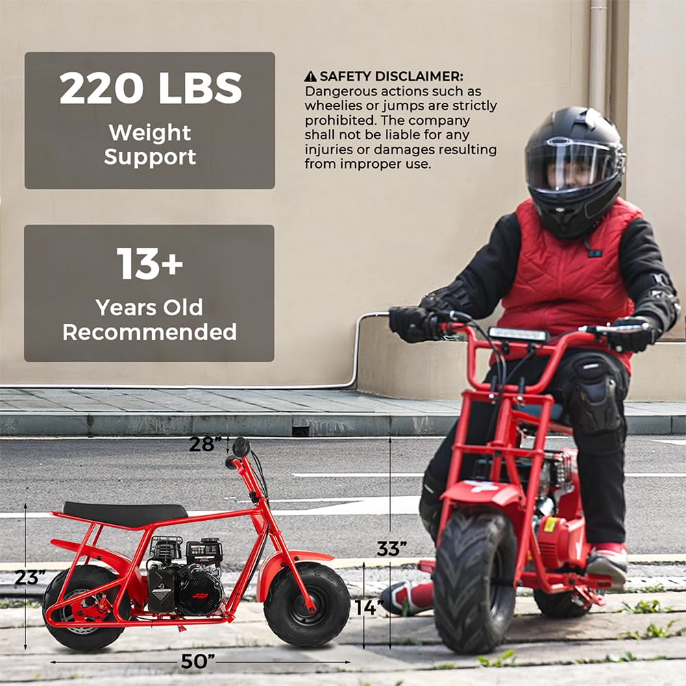FRP Mini Dirt Bike GMB100, 99 CC Gas Powered Mini Bike 4 Stroke 3HP, Off Road for Kids and Adult, Trail Bike Up to 28 Mph, Weight Support Up to 220 LBS (RED)