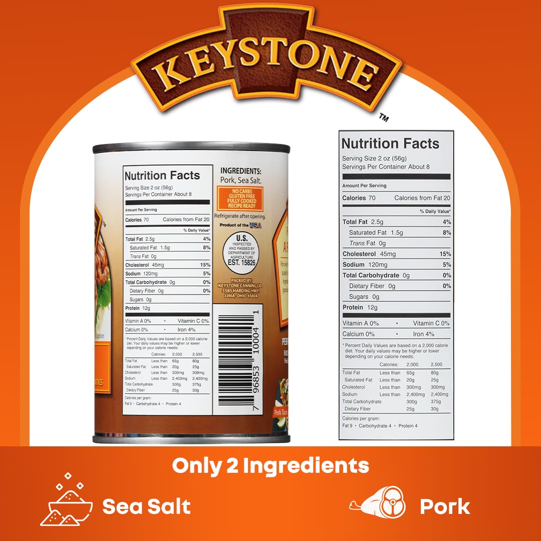 Keystone Meats All Natural Heat and Serve Canned Pork 14.5 Oz Fully Cooked Shelf Stable Canned Meat Emergency Survival Canned Food Ready to Eat No Preservatives Gluten Free Made in USA Pack of 24