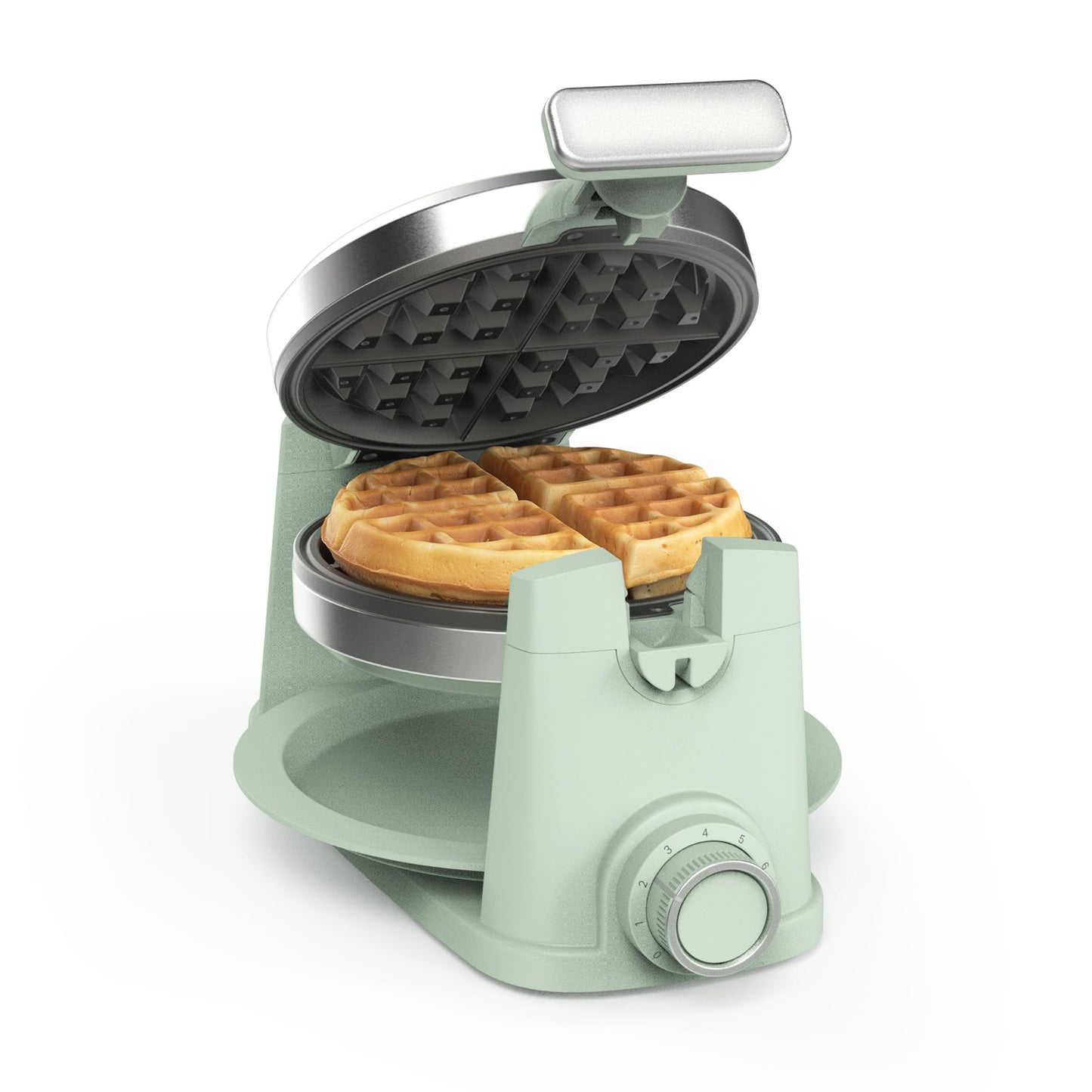 Martha Stewart Rotating Waffle Maker, 180° Flip Iron with PFAS-Free Nonstick Plates, Adjustable Timer, Ready Light, Drip Tray, Space Saving, Classic Round 7”, Easy to Clean, Stainless Steel, Sky Blue