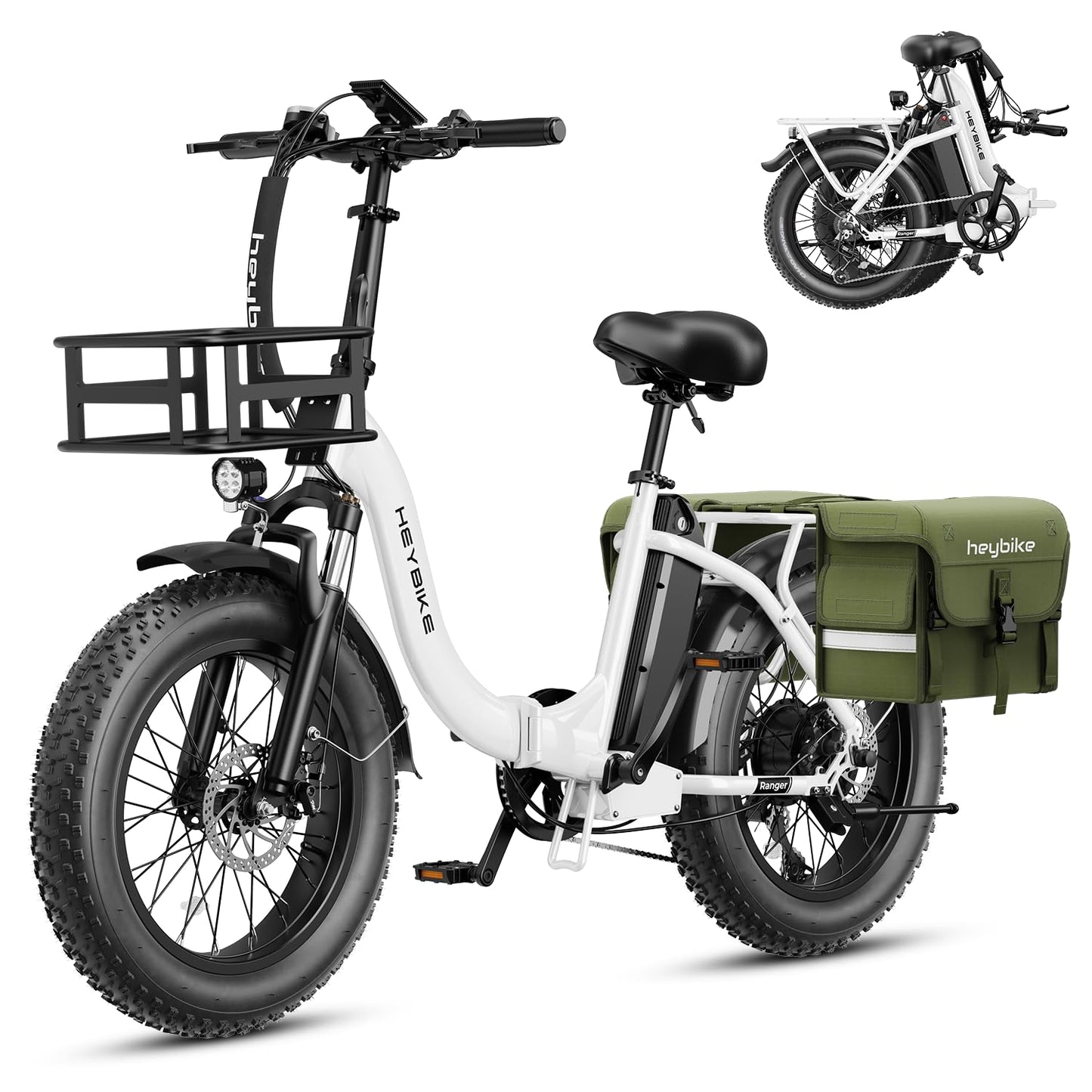 Heybike Ranger Electric Bike for Adults, Peak 1400W Upgraded Motor Ebike, 28MPH [20" Fat Tire All-Terrain] 600Wh Removable Battery Folding Step-Thru E Bike with Front Suspension