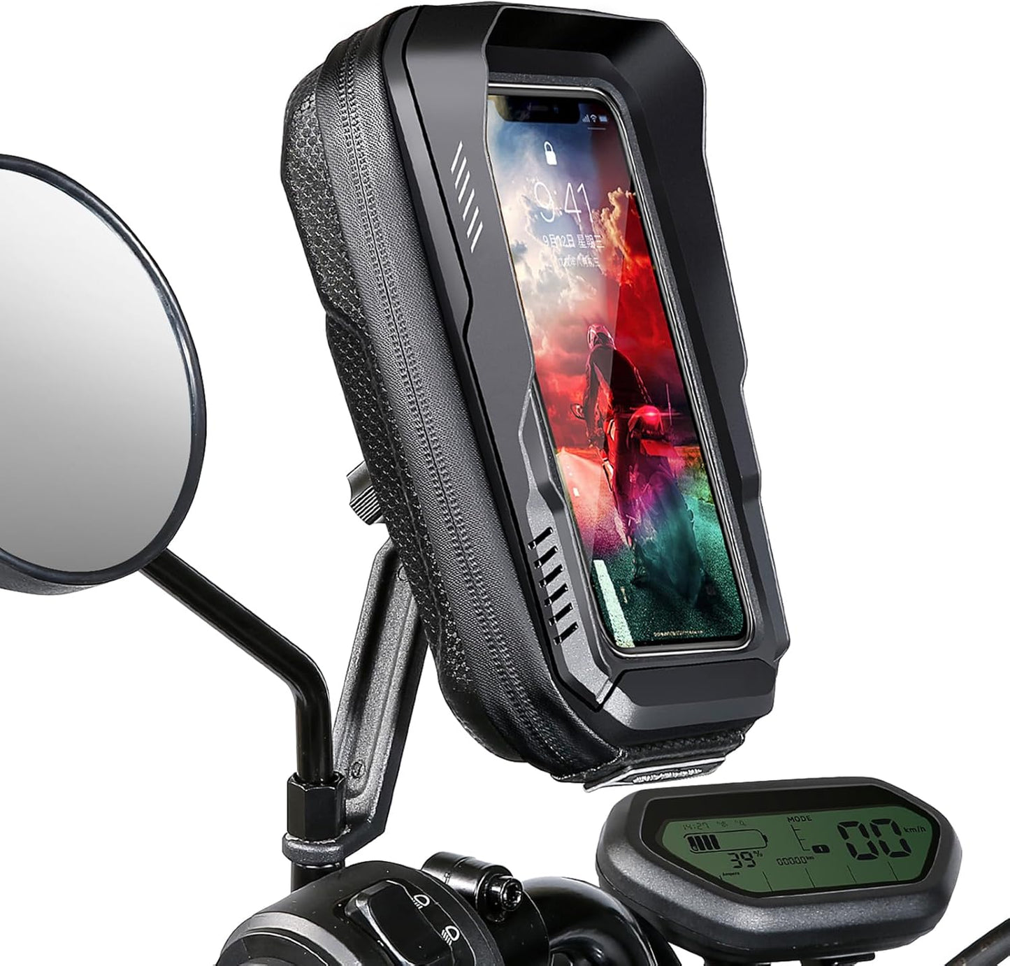 BKNOOU Motorcycle Phone Holder Waterproof Motorcycle Cell Phone Mount 360°Rotation Anti-Shake Upgrade Sun Visor Rain Cover Rearview Mirror Phone Holder Motorbike for Smartphone 4.5" to 6.9"