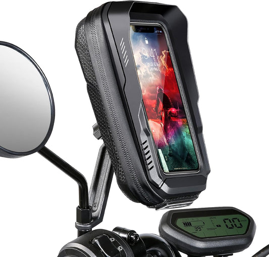 BKNOOU Motorcycle Phone Holder Waterproof Motorcycle Cell Phone Mount 360°Rotation Anti-Shake Upgrade Sun Visor Rain Cover Rearview Mirror Phone Holder Motorbike for Smartphone 4.5" to 6.9"