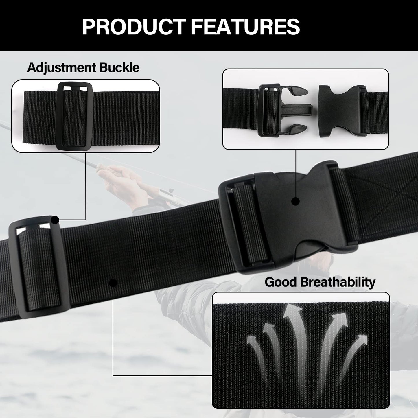 Fishing Wading Belt Rod Holder Adjustable Wader Waist Belt for Fly Surf Casting Spinning Pole Fishing Tool Tackle (Black)