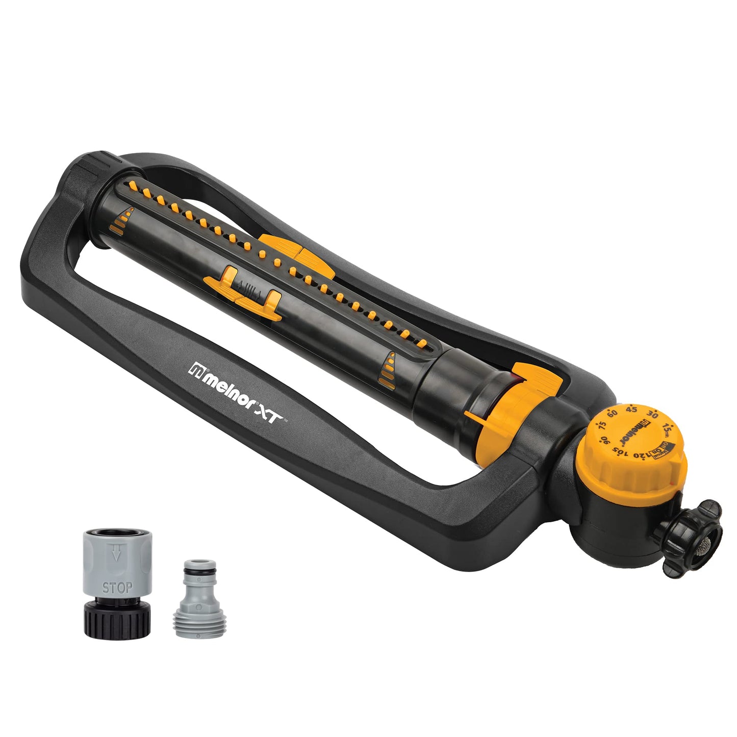 Melnor 65167AMZ XT Turbo Oscillating Sprinkler, 4,500 sq. ft., Quick Connect Bundle, 3-Way Adjustable, Black, Yellow