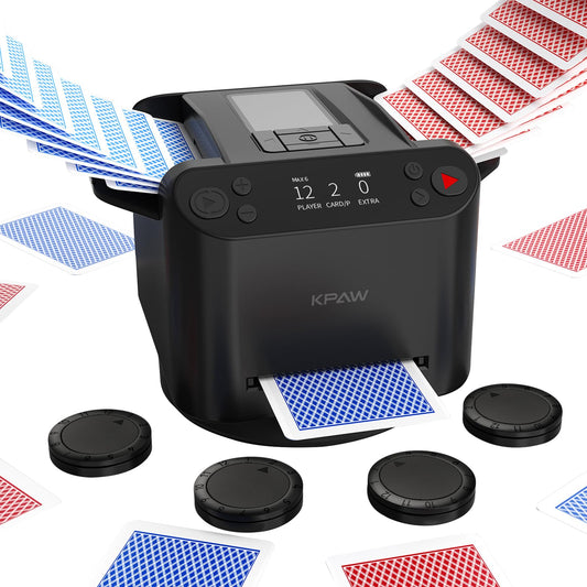 KPAW Automatic Card Shuffler and Dealer - 1-2 Decks Support 12 Players, 4 Drawing Remotes, Built-in Gameplays, 360°/180° Deal, for Poker, UNO, Phase 10, Skip-Bo, Rummy (Black)