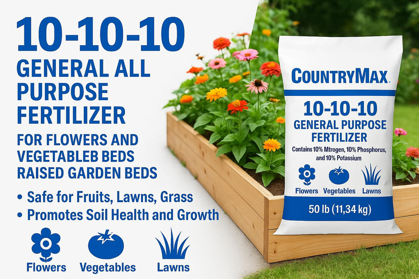 10-10-10 General All Purpose Fertilizer for Flowers and Vegetable Beds - Raised Garden Beds - Safe for Fruits, Lawns, Grass - Promotes Soil Heath and Growth - 50 Pound Bag