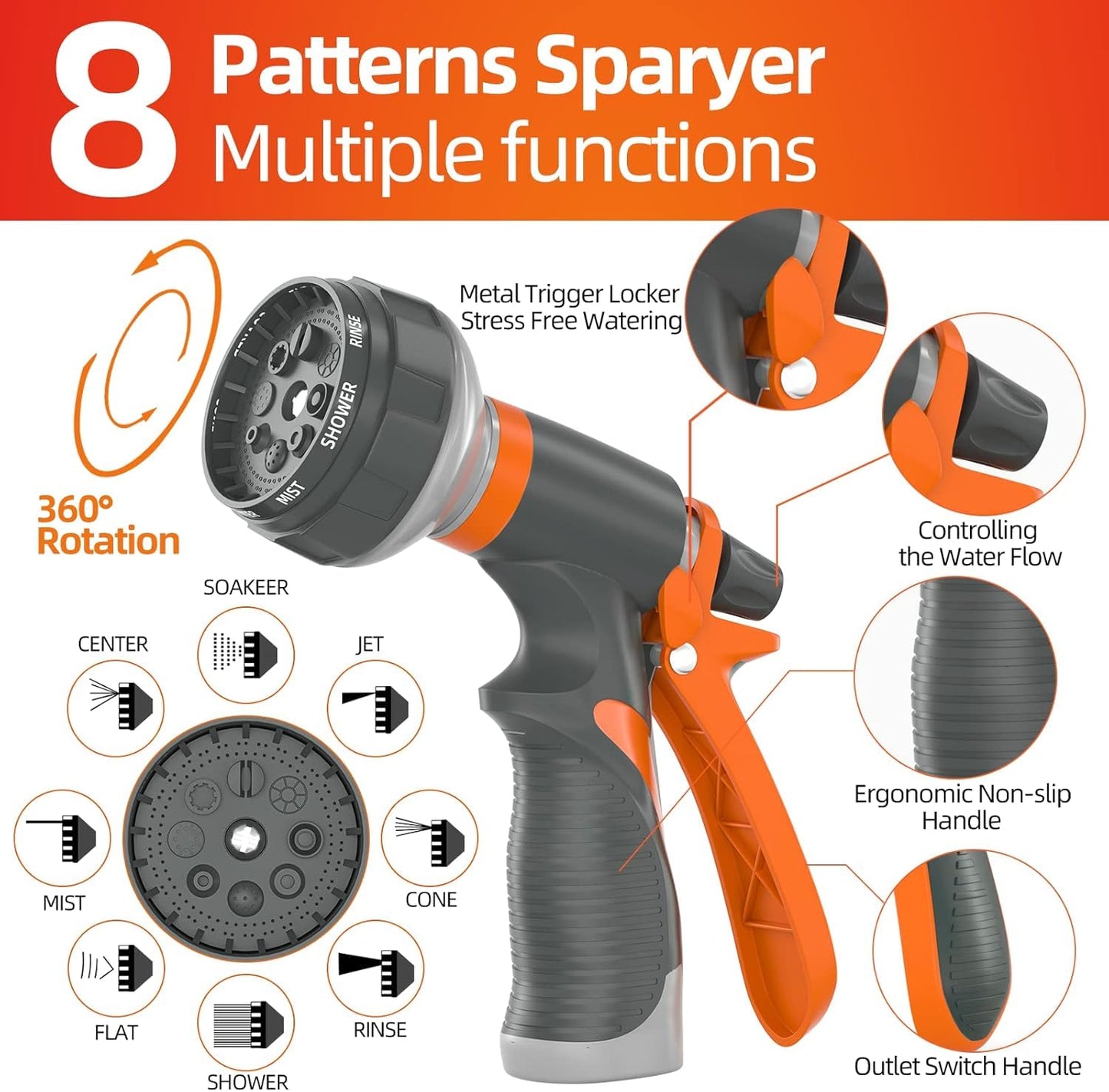 Garden Hose 50 ft x 5/8 in Heavy Duty, Flexible and Lightweight Water Hose, Burst 600 psi, Kink-less Hybrid Rubber Hose for Backyard, 3/4'' Brass Fittings