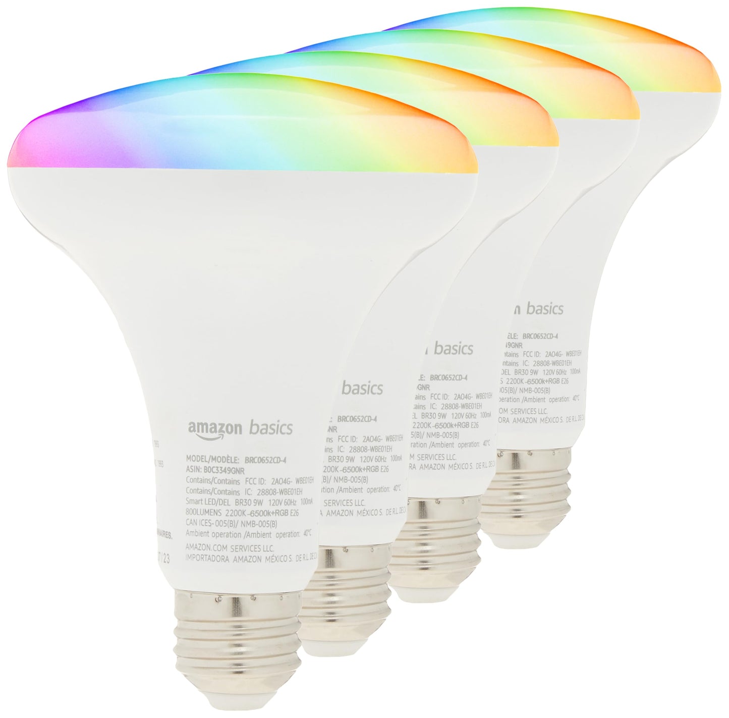 Amazon Basics Smart BR30 LED Light Bulbs, Color Changing, 9W (60W Equivalent), 800LM, Energy Efficient, Voice Control, Works with Alexa Only, 2.4 GHz Wi-Fi, No Hub Required, 4-Pack