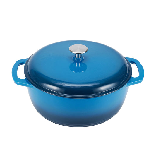 Amazon Basics Cast Iron Dutch Oven Pot with Lid, Enameled, Round, Dual Handles, Heavy-Duty, Medium, 6-Quart, Blue