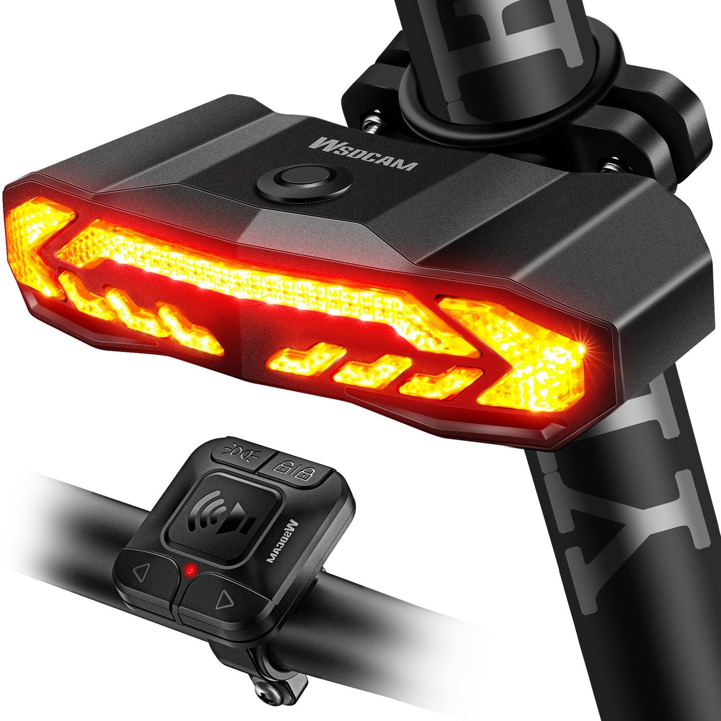 WSDCAM Smart Bike Light with Turn Signals, Brake Light, and Alarm Horn - Auto ON/Off Rechargeable Waterproof Rear Bicycle Tail Light with Remote