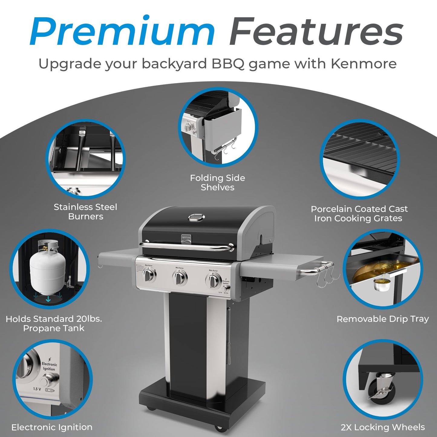Kenmore 3-Burner Propane BBQ Grill, 30,000 BTUs Gas Grill with Cast Iron Cooking Grates, Folding Side Tables & Wheels, Outdoor Grill with Tool Hooks, Azure Blue