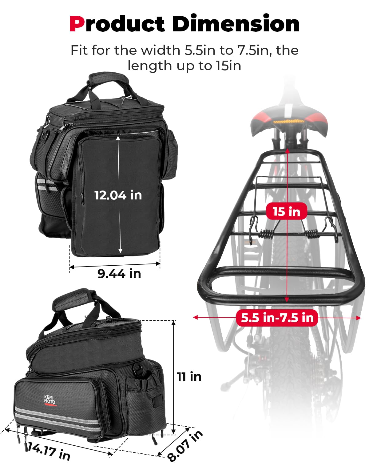 KEMIMOTO Bike Rear Rack Bag Bicycle Trunk Bag 20L Capacity Water Resistant Multifunctional Bicycle Pannier with Rain Cover Bike Saddle Bag for Rear Rack Grocery Shopping Commuter Cycling Trip Black