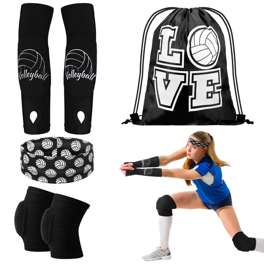 Yinder 4 Pcs Volleyball Accessories Include Knee Pads ,Arm Sleeves , Drawstring Bag,Softball Headbands for Women Volleyball Training Dance(Small,Black)