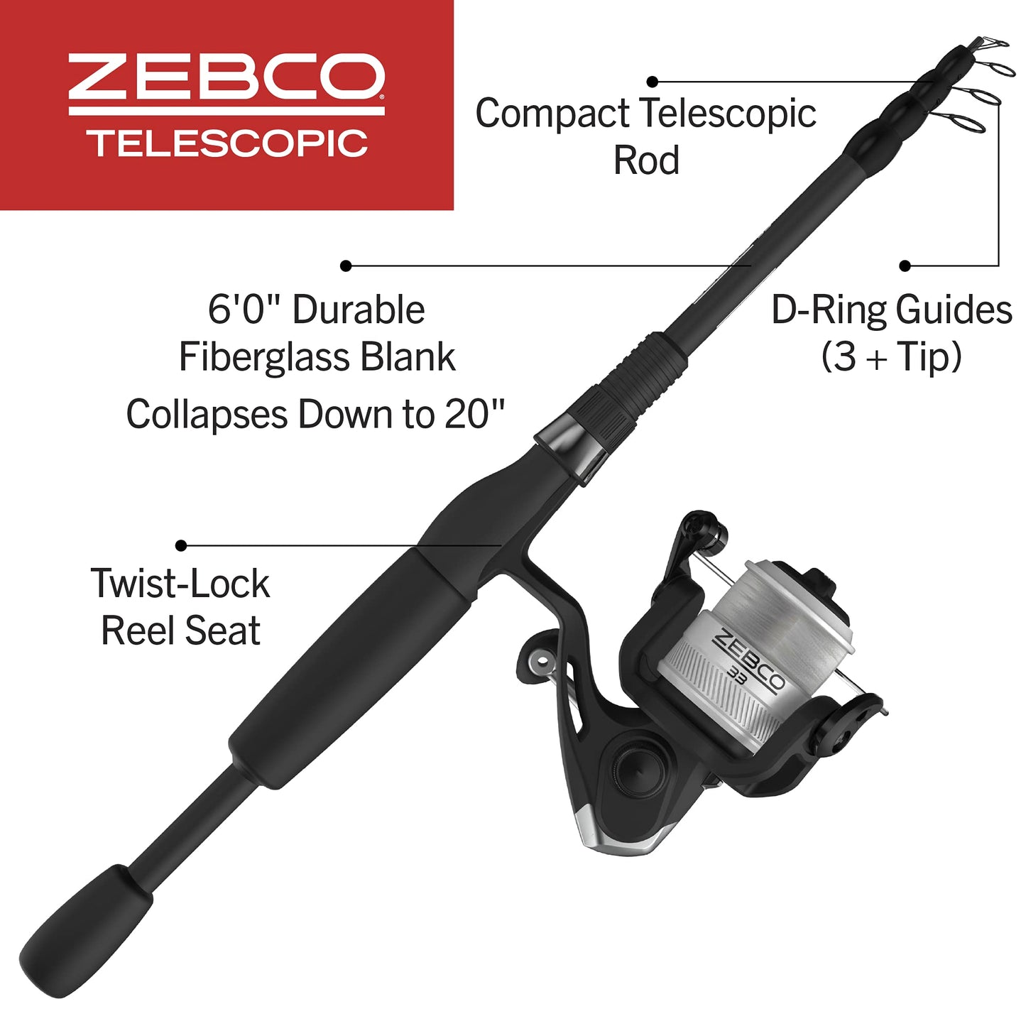 Zebco 33 Spinning Reel and Telescopic Fishing Rod Combo