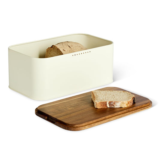 Amazon Basics Carbon Steel Bread Box with Acacia Wood Lid, Lid Doubles as Cutting Board, 11.9 x 7.1 x 5.2 in