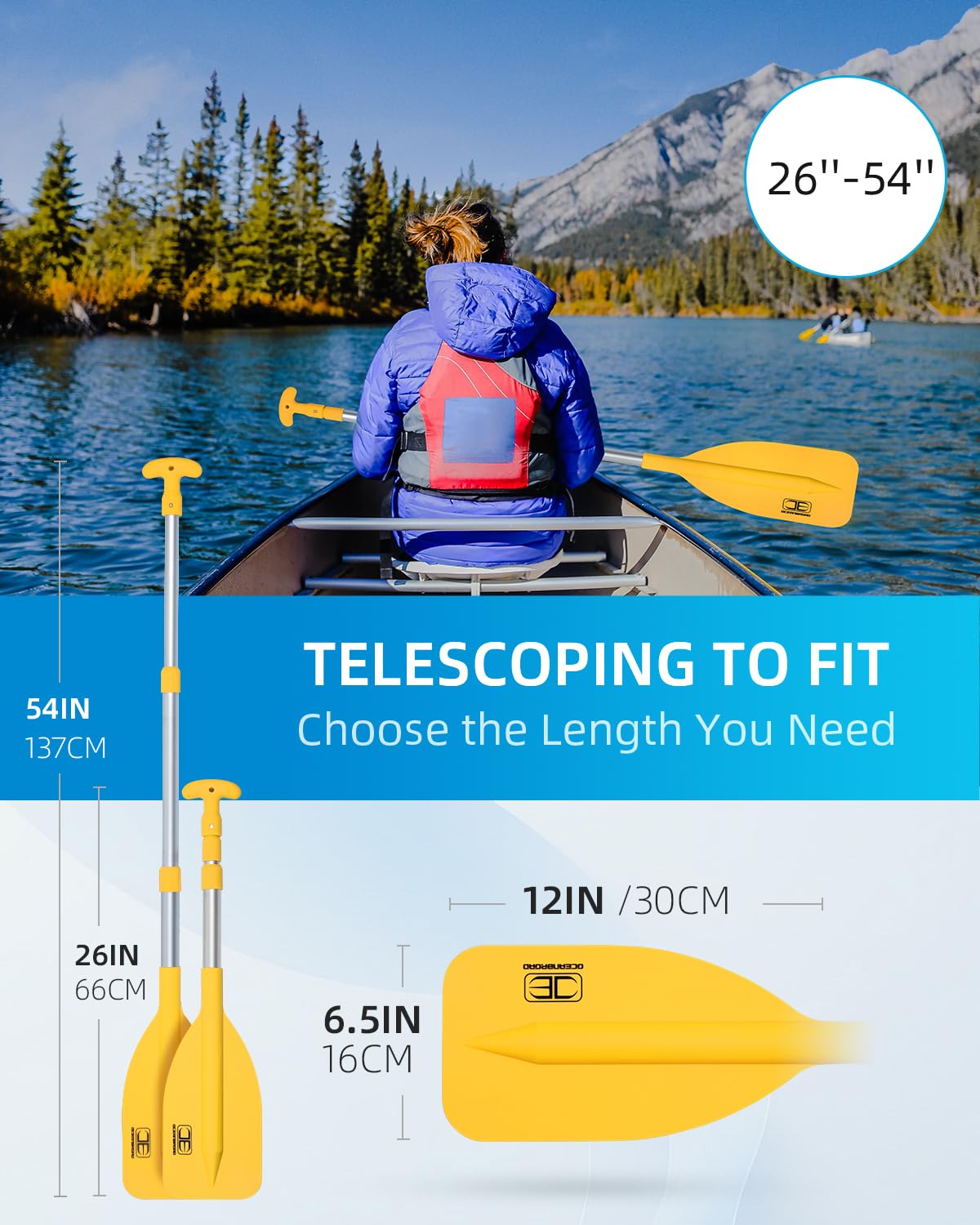 OCEANBROAD Telescoping Emergency Paddle 21''-42''（Assembling Required） Collapsible Paddles Aluminium Shaft for Kayaking Boating Canoeing River Tubing, Yellow, 1 Paddle
