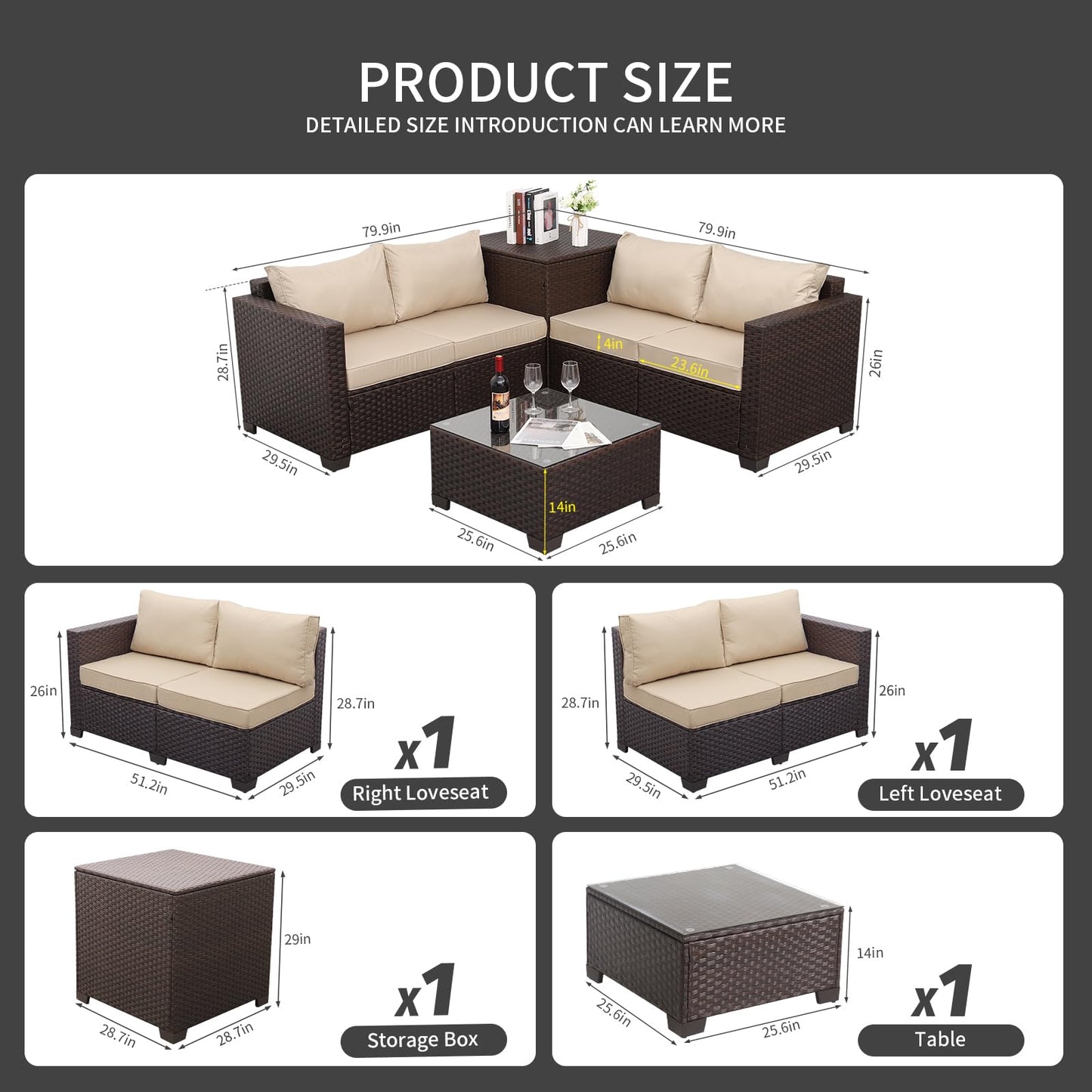 Outdoor PE Wicker Patio Furniture Set 4 Piece Black Rattan Sectional Loveseat Couch Set Conversation Sofa with Storage Box Glass Top Table and Non-Slip Grey Cushion