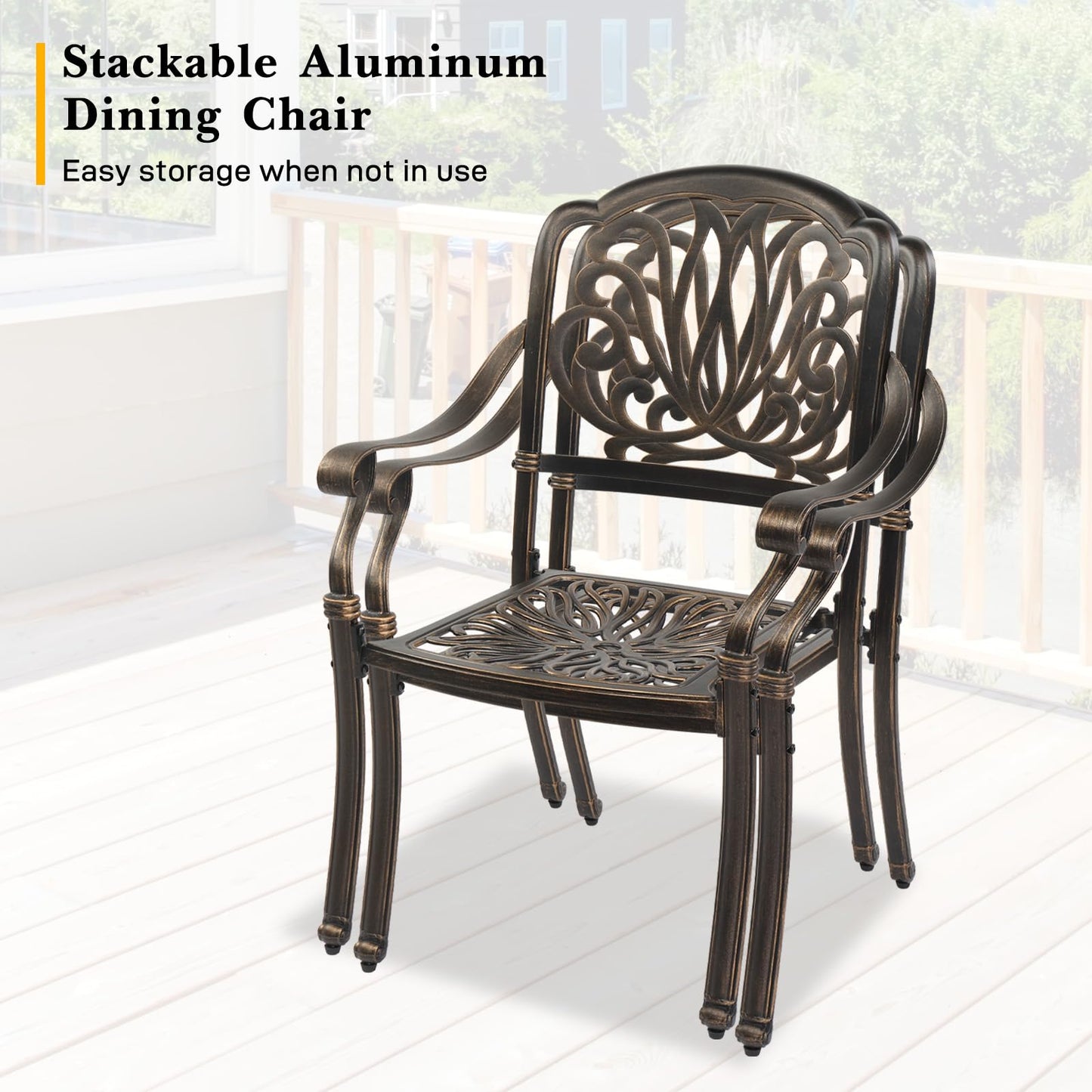 VINGLI 5 Pieces Outdoor Patio Dining Set, Cast Aluminium Patio Furniture Set with 4 Chairs and 1 Umbrella Table for Yard, Garden, Porch and Poolside, Bronze (Square Table)