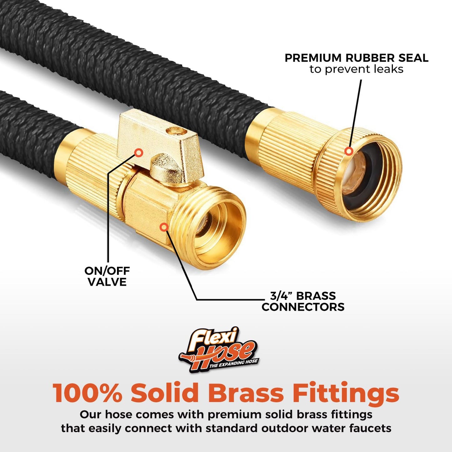 Flexi Hose with 8 Function Nozzle, 50FT - Lightweight Expandable Garden Hose, No-Kink Flexibility, 3/4 Inch Solid Brass Fittings and Double Latex Core