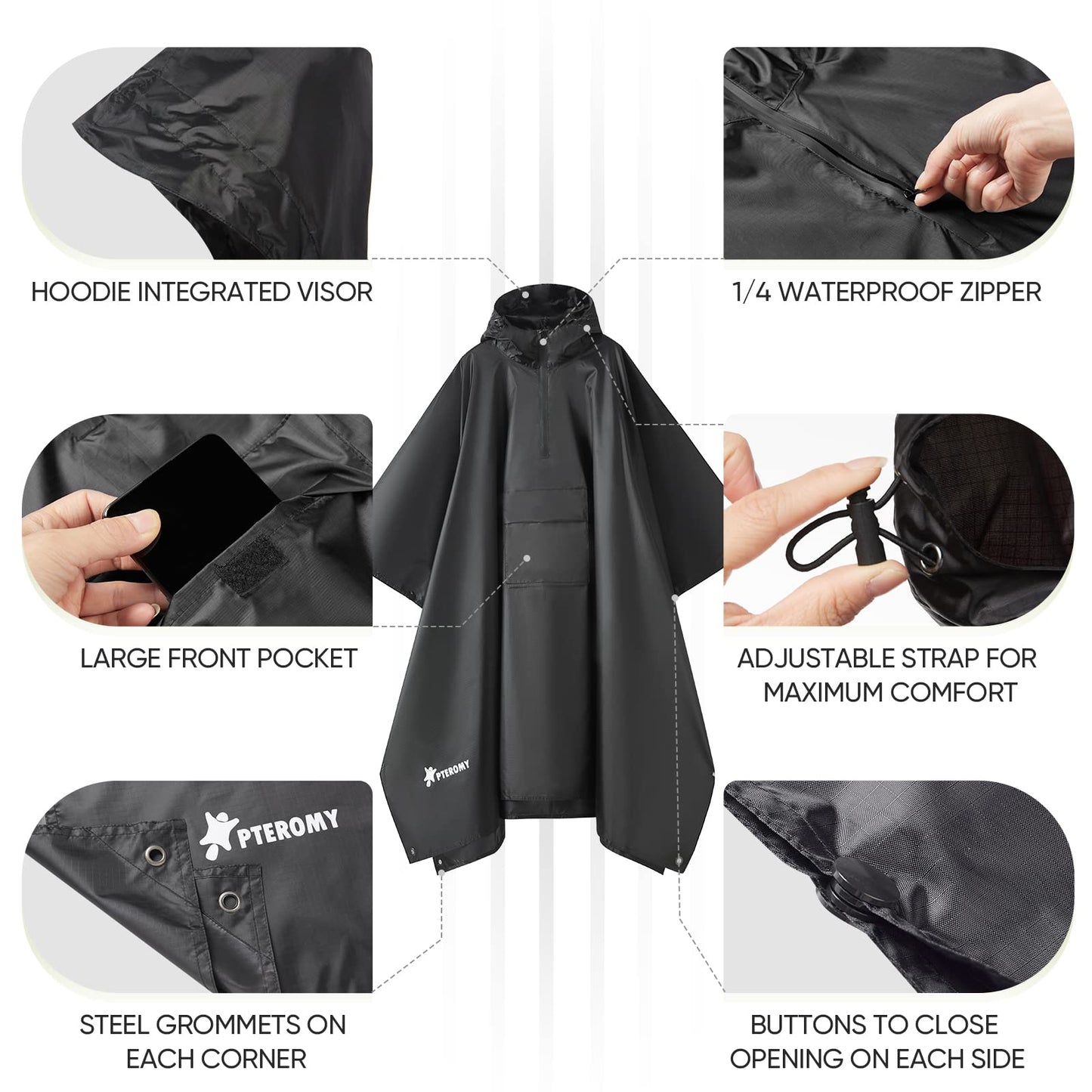 PTEROMY Hooded Rain Poncho for Adult with Pocket, Waterproof Lightweight Unisex Raincoat for Hiking Camping Emergency