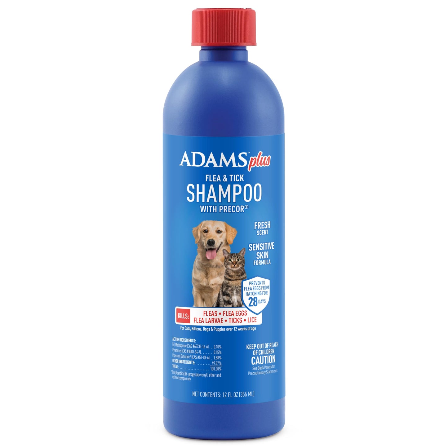 Adams Plus Flea & Tick Shampoo with Precor for Cats, Kittens, Dogs & Puppies Over 12 Weeks Of Age |Sensitive Skin Flea Treatment |Kills Adult Fleas, Flea Eggs, Ticks, and Lice |24 Oz, Pump Included