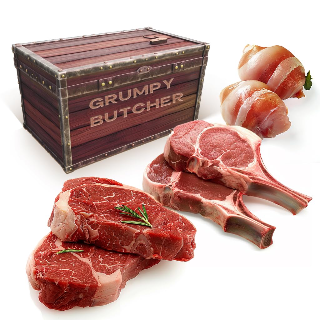 Grumpy Butcher Box Meat Food Gifts: 2 Top Sirloins Steaks (6 oz), 2 Duroc Bone in Pork Chops (14 oz) & 2 Cheese Stuffed Chicken Breasts Wrapped in Bacon (8 oz) - Gourmet Gift Basket for Men