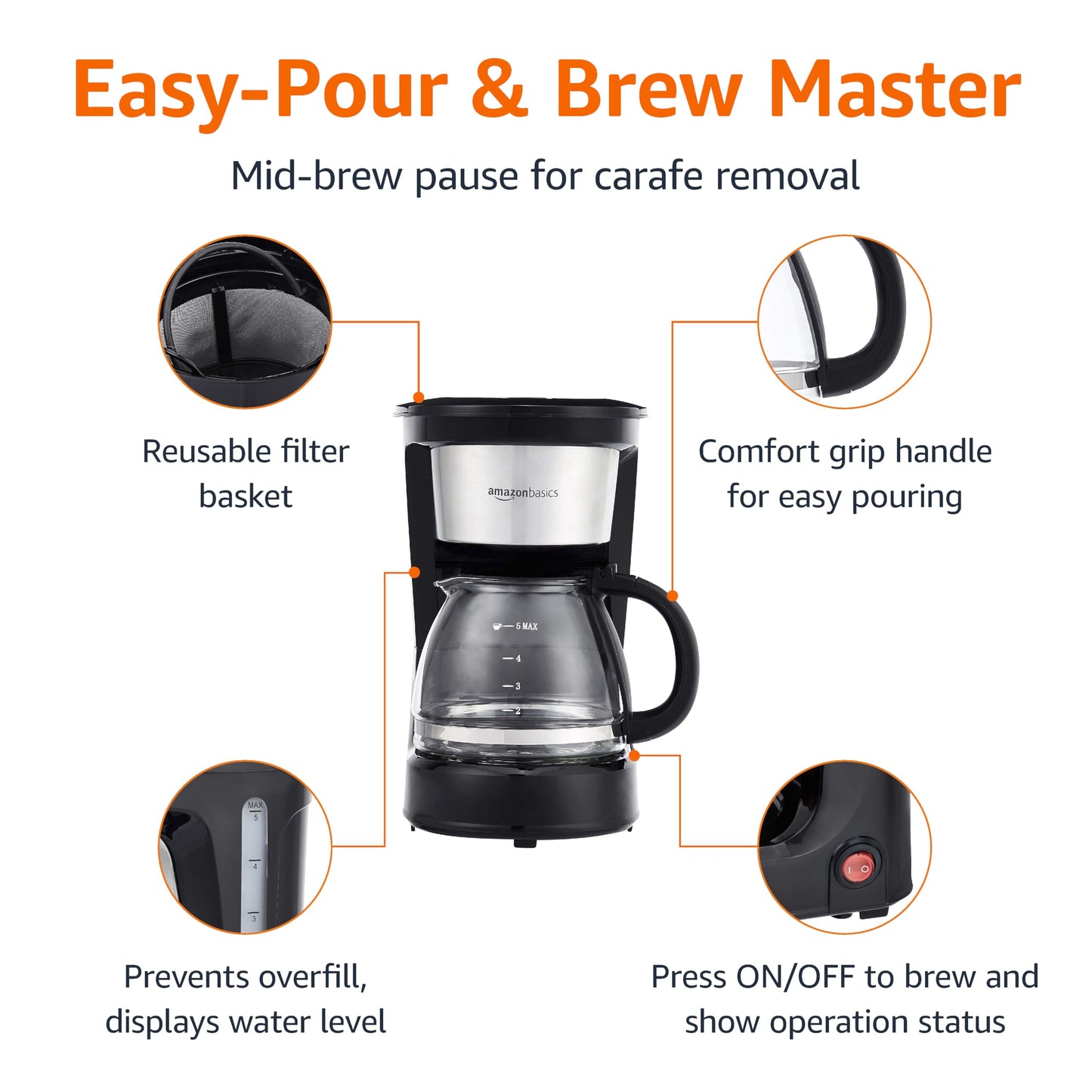Amazon Basics Coffee Makers, 12-Cup Coffee Machines with Reusable Filter, Coffee Pots, Black & Stainless Steel