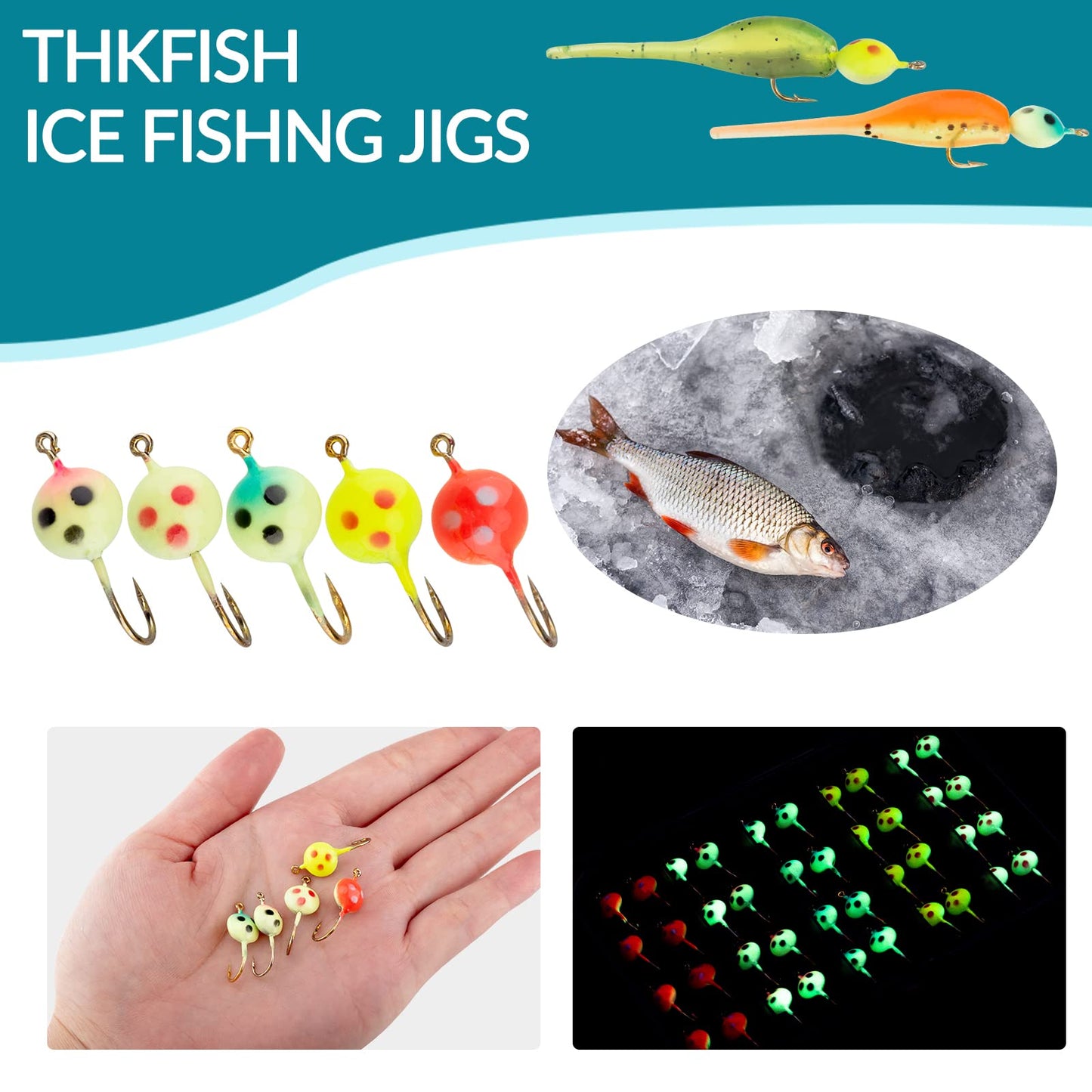 THKFISH Ice Fishing Jigs Kit, Jigs Heads for Ice Fishing Gear, Ice Fishing Lures for Panfish, Crappie, Walleye, Perch, Trout and Bluegill 18/40/70pcs