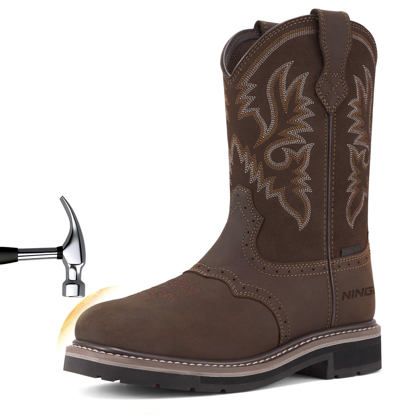 HISEA NINGO Men's Western Cowboy Boots Waterproof Square Toe Steel/Soft Toe Work Boots Comfortable Men's Slip On Pull On Safety Toe Leather Work Shoes for Construction Farming Industrial Welding