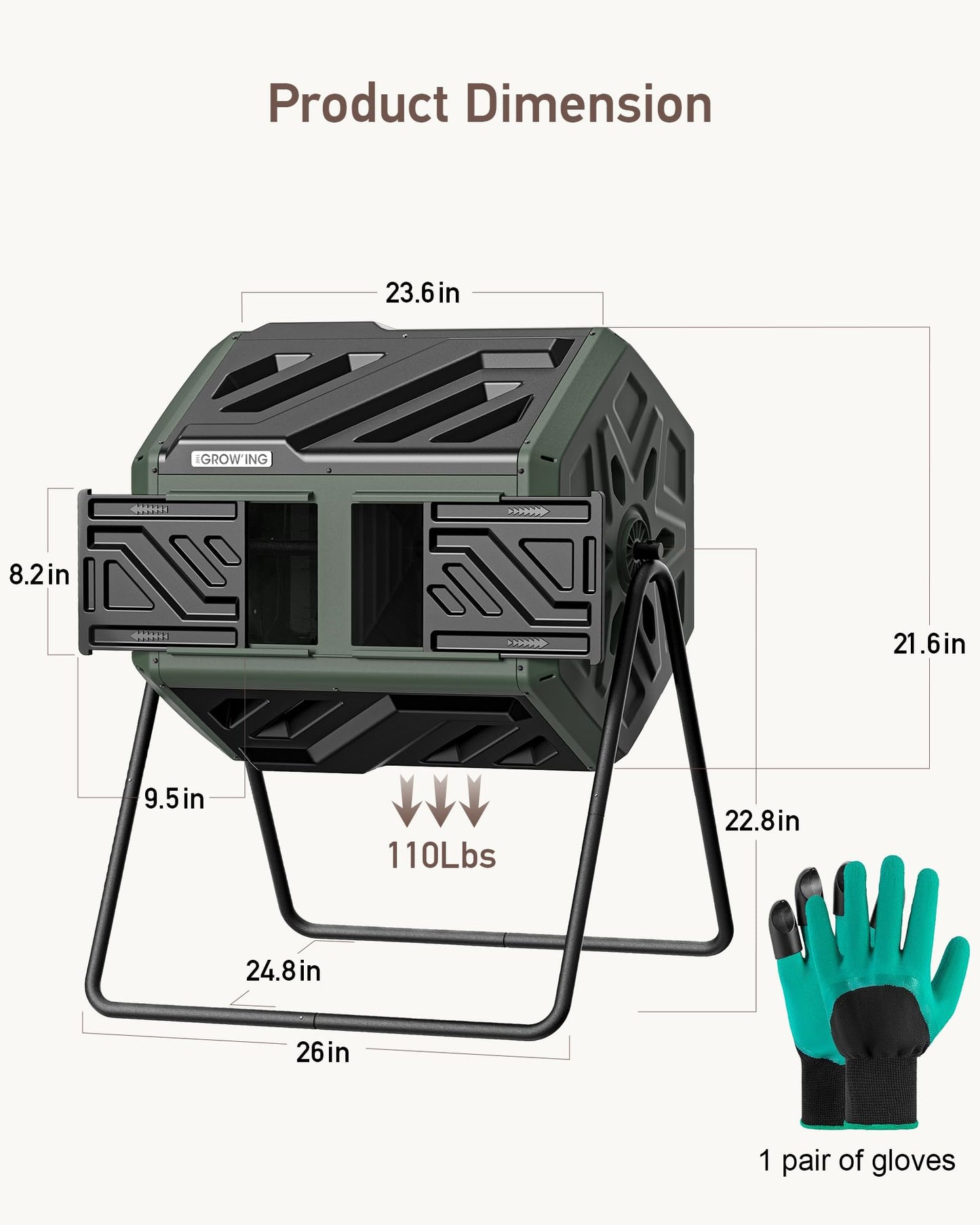 THEGROW'ING Updated 43 Gallon Compost Bin Outdoor, Fast Assemble Tumbling Composter, Dual Chamber Composter Tumbler, Rotating Compost Bin for Outside, Backyard, Garden and Yard, Green