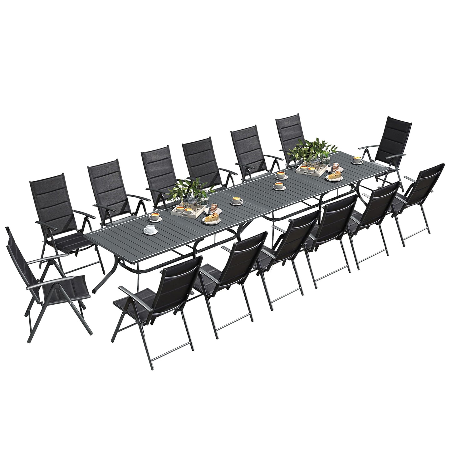 PURPLE LEAF 9 Pieces Outdoor Patio Dining Set with 8 Folding Portable Chairs and 1 Rectangle Aluminum Table, Foldable Adjustable High Back Reclining Chairs with Soft Cotton-Padded Seat, Grey