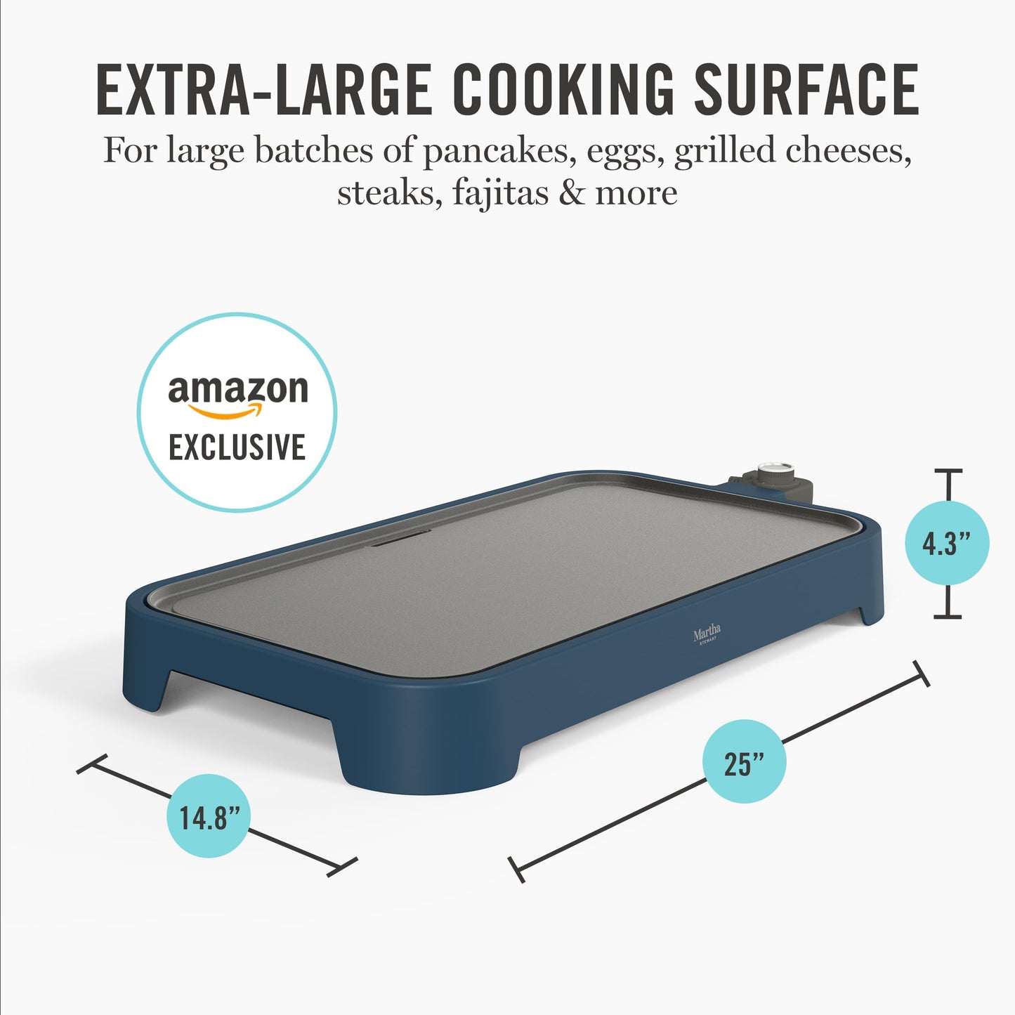 Martha Stewart 12” x 22” Electric Griddle, XL Ceramic Nonstick Flat Top Cooking Surface, Adjustable Temperature Dial, Drip Tray, Dishwasher Safe, 1500W Fast Even Heating, Pancakes & Eggs, Linen White