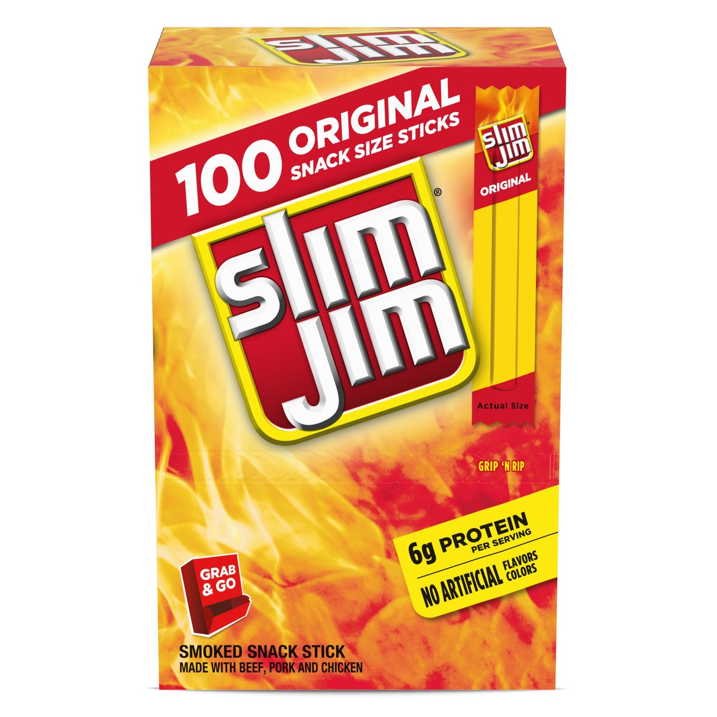 Slim Jim Smoked Meat Sticks, Mild Flavor, 6g Protein Per Serving, Snack Size, 0.28 oz. (100 Count)