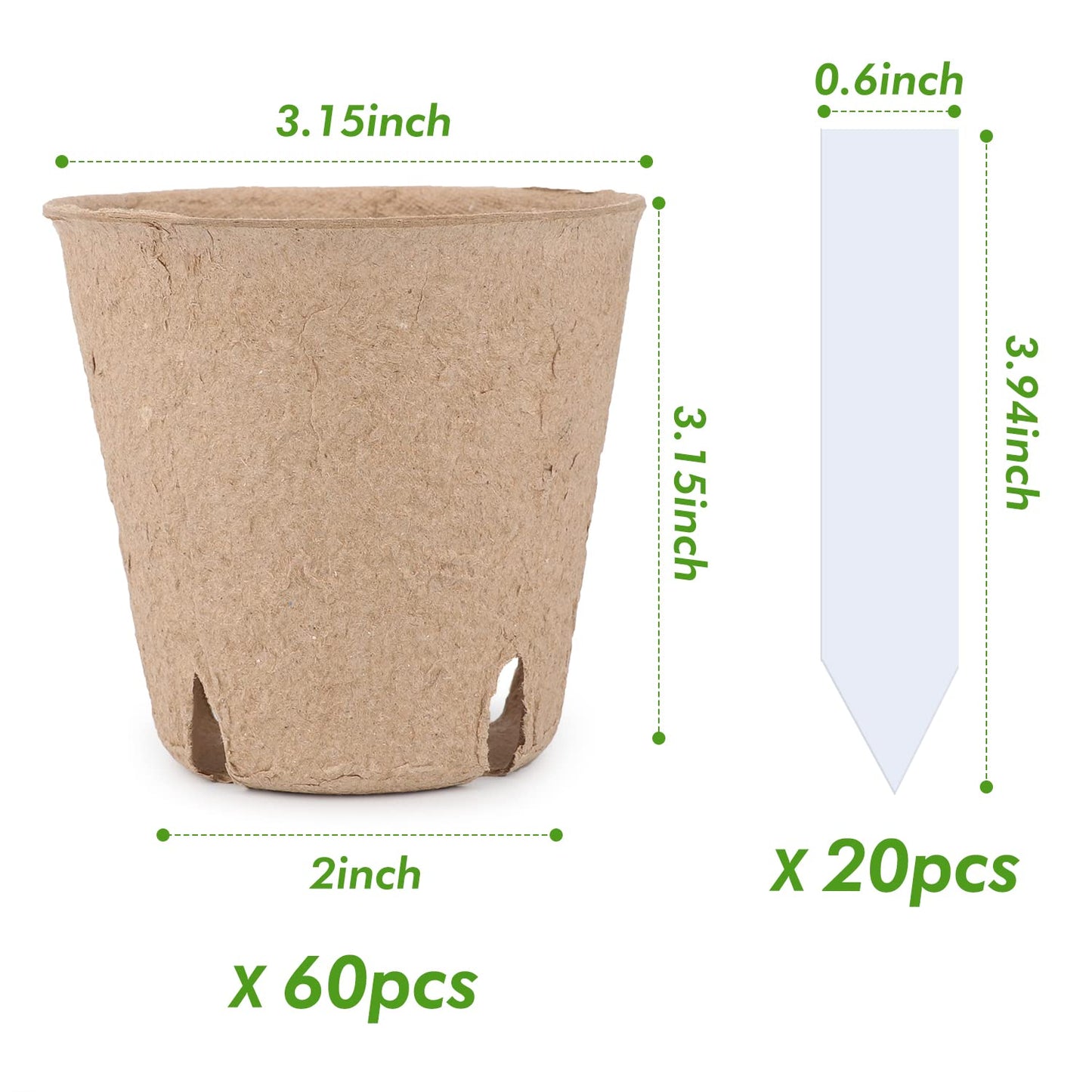 homenote Peat Pots, 60 Pcs 3.15 Inch Seed Starting Pots with Drainage Holes Round Nursery Plants Pots with Bonus 20 Plant Lab