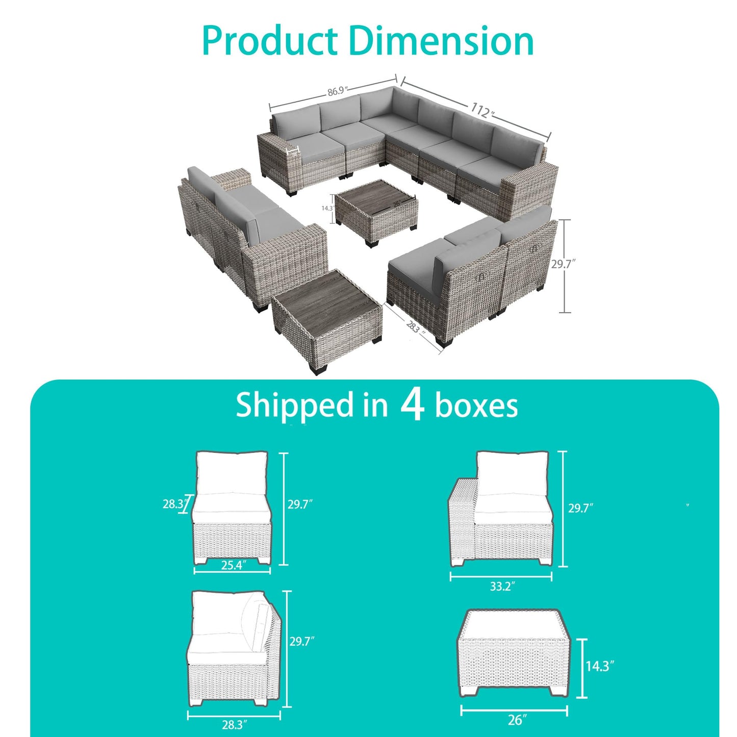6-Piece Outdoor Patio Furniture Set Wicker Sectional Sofa Set, Patio Conversation Set with Thickened Cushions & Coffee Table for Garden, Backyard, Poolside, Beige