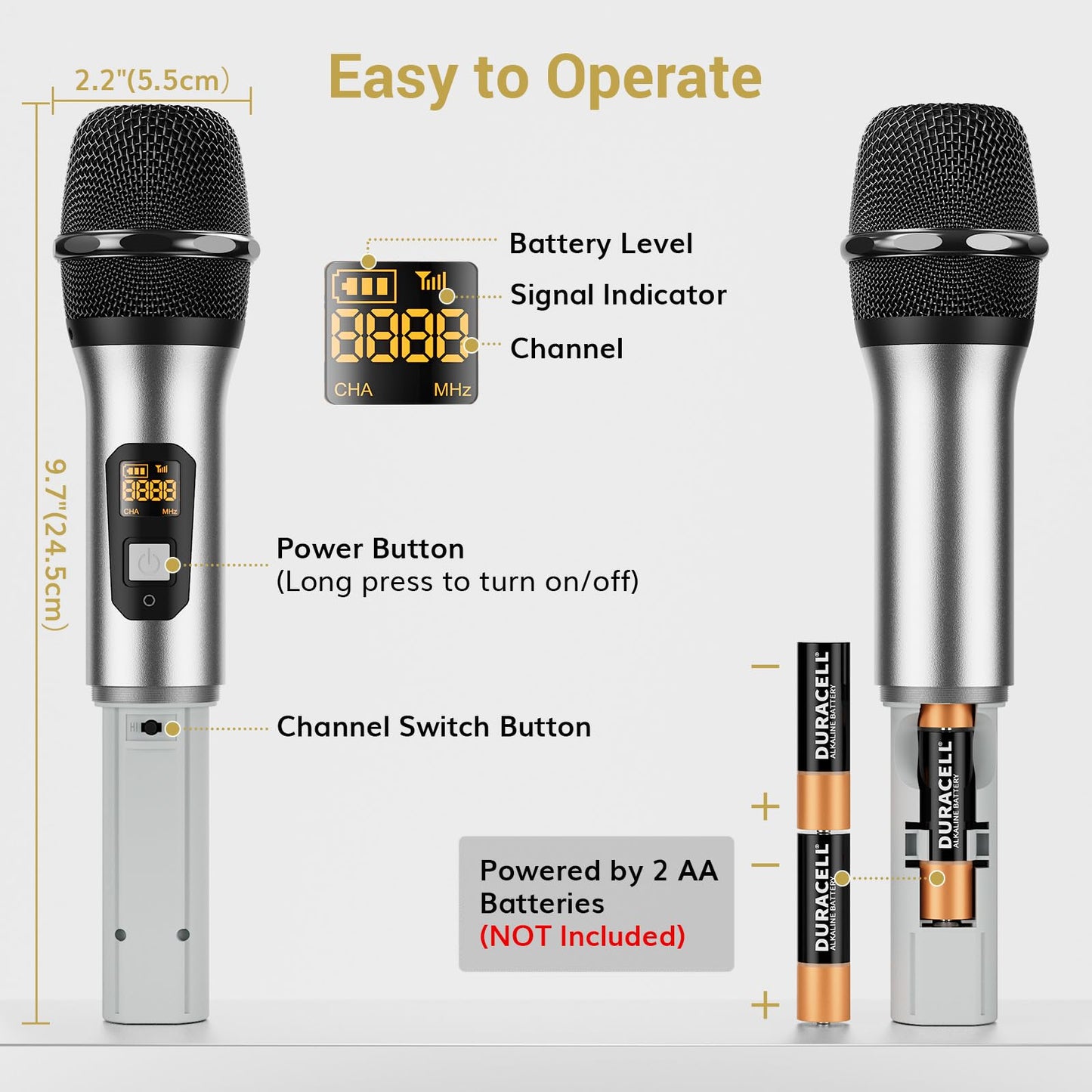 TONOR Wireless Microphones, Metal Dual Professional UHF Cordless Dynamic Mic Handheld Microphone System for Home Karaoke, Meeting, Party, Church, DJ, Wedding, Home KTV Set, 200ft, TW-820 Silver