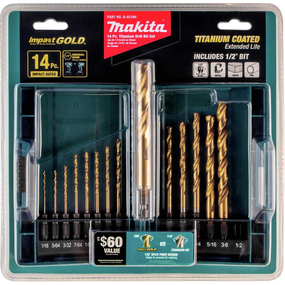 Makita B-65399 Impact Gold 14 Pc. Titanium Drill Bit Set, 1/4 In. Hex Shank