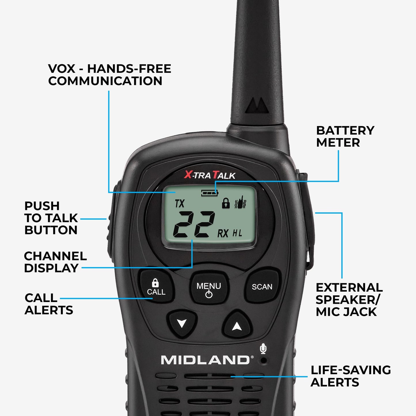 Midland - LXT500VP3, 22 Channel FRS Walkie Talkies with Channel Scan - Extended Range Two Way Radios, Silent Operation, Batteries Included (Pair Pack) (Black)
