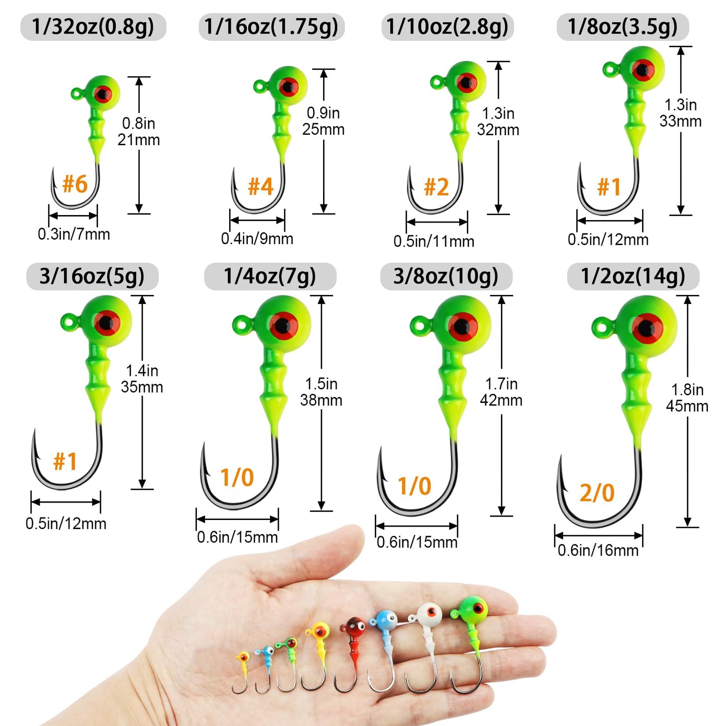 Dovesun Jig Heads for Fishing, Painted Jigheads with 3D Eye Ball Glowing Walleye | Bass | Crappie jigs 1/2oz 3/8oz 1/4oz 1/5oz 1/8oz 1/10oz 1/16oz 1/32oz Fishing Jig Hooks Assortment 15-40pcs
