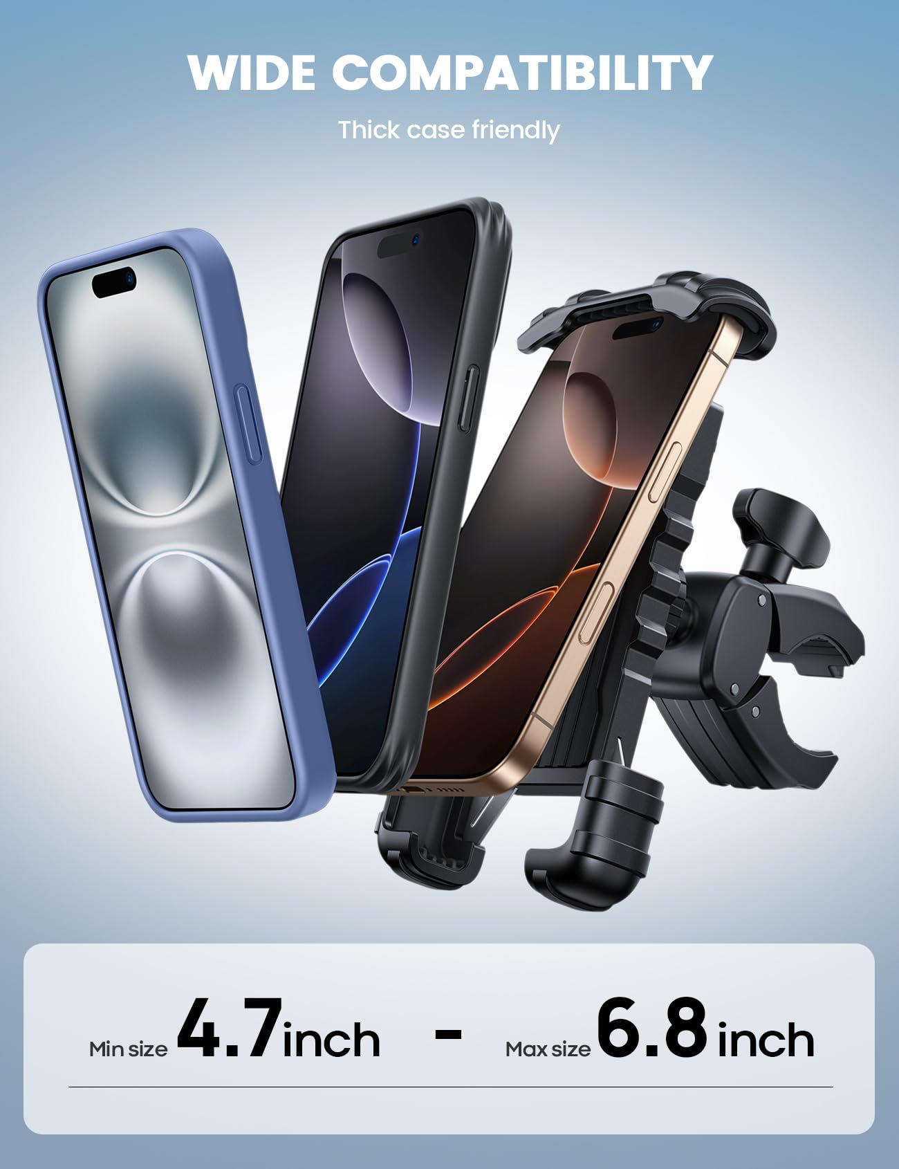Lamicall Bike Phone Holder Mount - Motorcycle Handlebar Phone Mount Clamp, One Hand Operation, ATV Scooter Phone Clip for iPhone 16/15 Pro Max / 14 Plus, Galaxy S10 and 4.7-6.8" Cellphone, Black