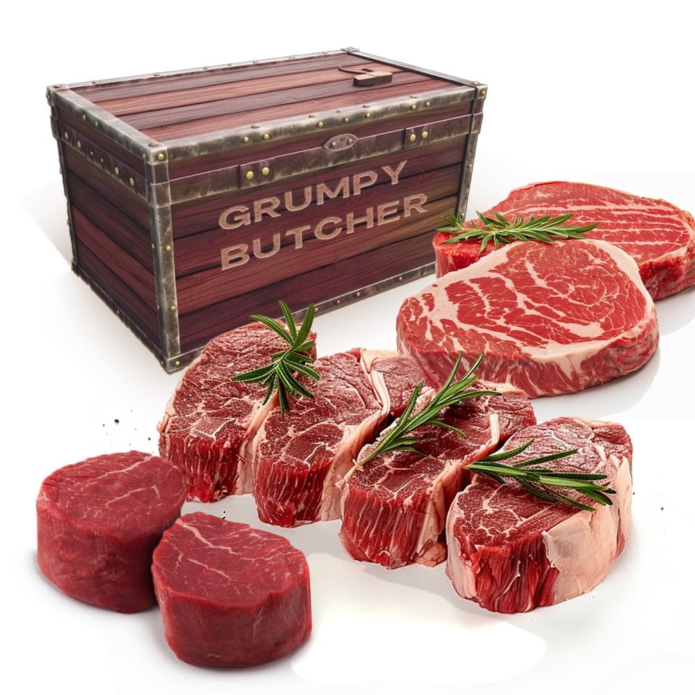 Grumpy Butcher Box Meat Food Gifts: 2 Top Sirloins Steaks (6 oz), 2 Duroc Bone in Pork Chops (14 oz) & 2 Cheese Stuffed Chicken Breasts Wrapped in Bacon (8 oz) - Gourmet Gift Basket for Men
