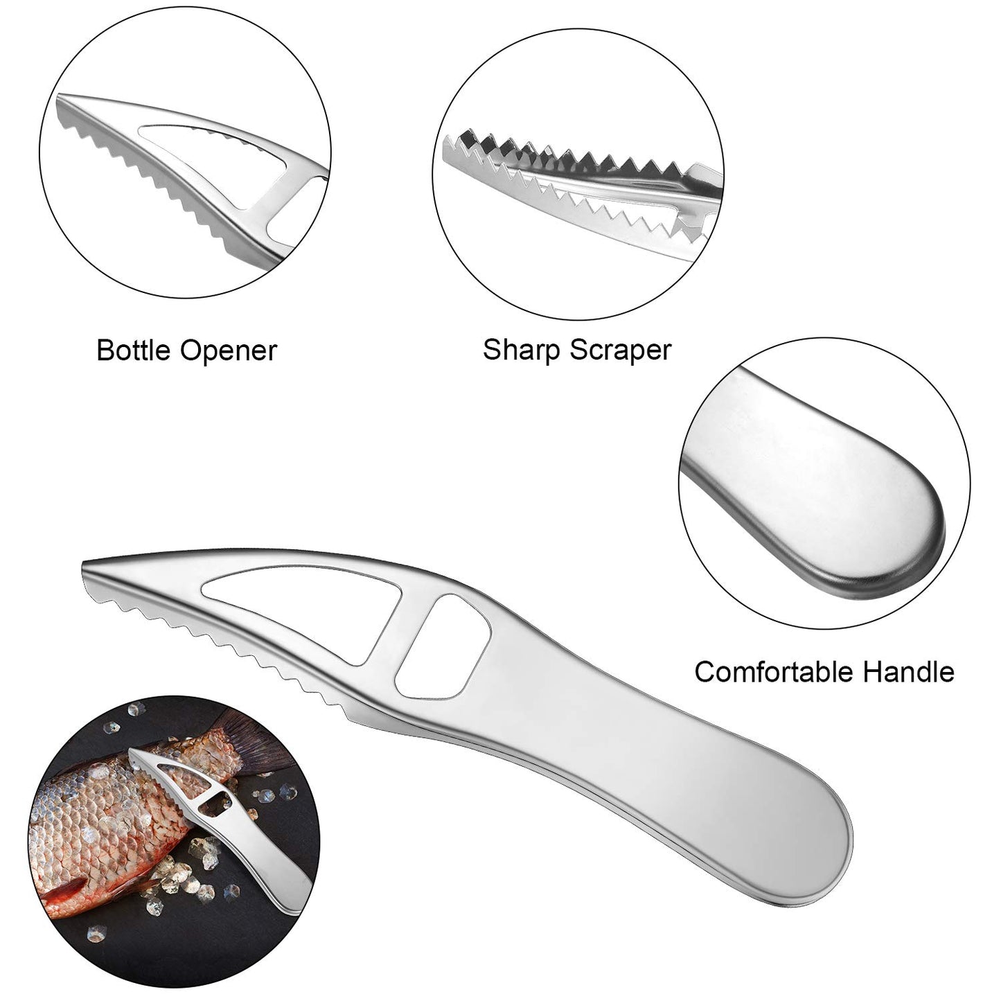 Honoson 4 Pieces Stainless Steel Fish Scale Remover Cleaner Kitchen Scaler Fish Skin Graters Cleaning Peeler Scaler Scraper with Bottle Opener for Kitchen Cleaning Tools