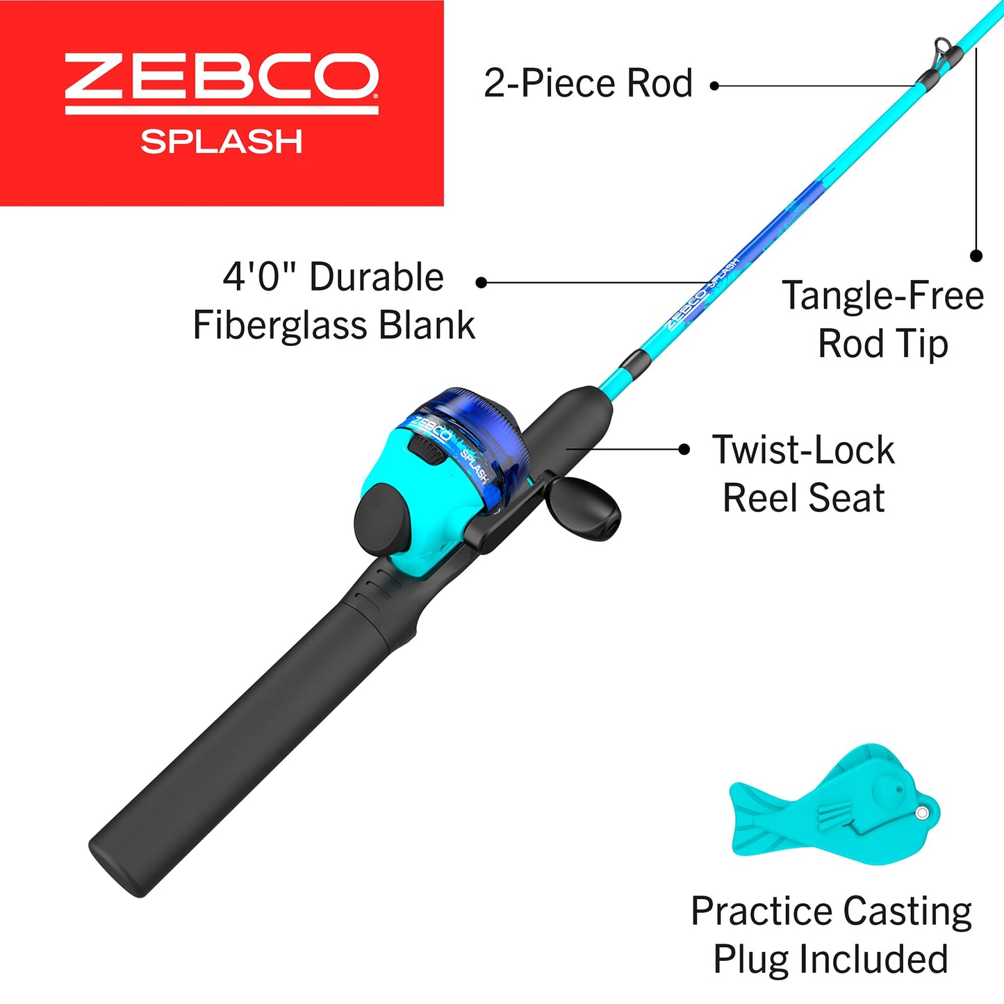 Zebco Kids Splash Jr. Spincast Reel and Fishing Rod Combo, 4-Foot 2-Piece Fishing Pole, Size 20 Reel, Right-Hand Retrieve, Pre-Spooled with 6-Pound Cajun Line, Blue