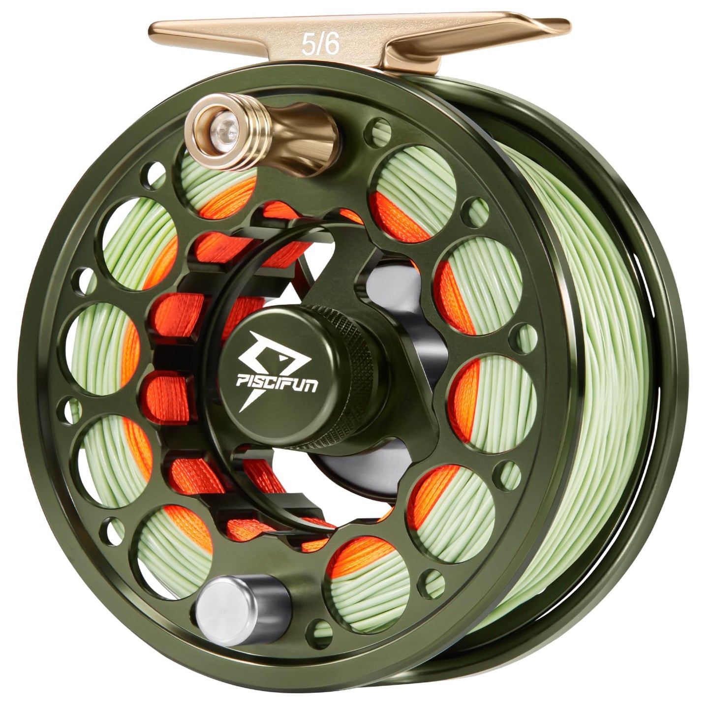 Piscifun Sword Fly Fishing Reel with Line, Pre-Loaded CNC-Machined Aluminum Alloy Fly Reel, Light Weight and Corrosion Resistance Design, 5/6wt Olive Green